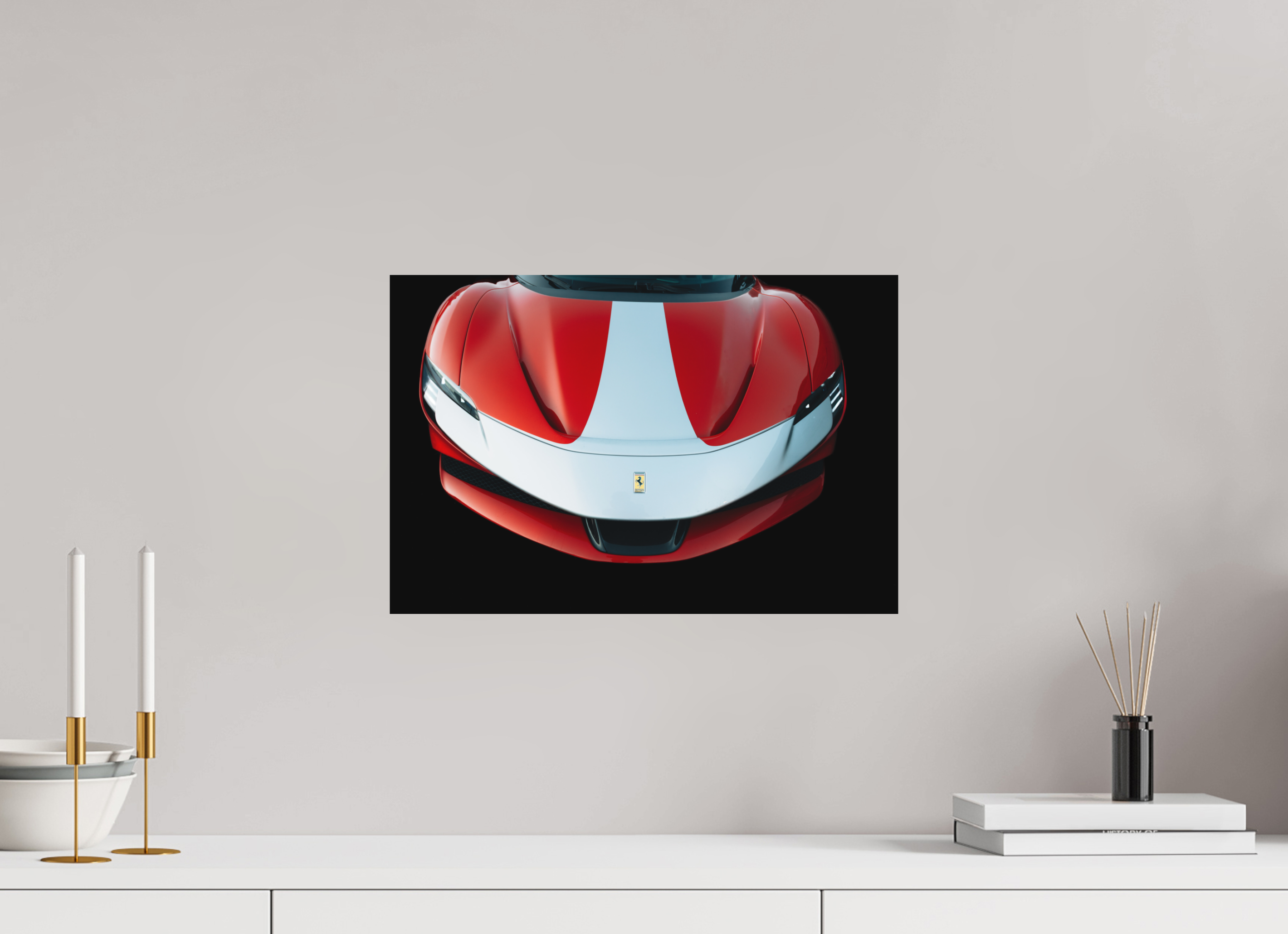 45 x 30 cm, Tirage Fine Art Premium + Ferrari SF90 Rouge et Blanche – Focus Avant