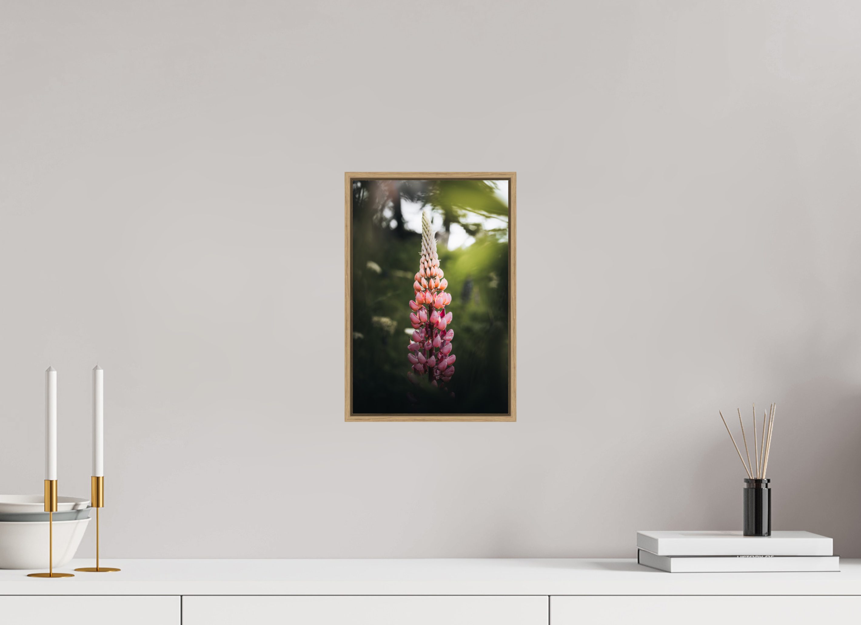 20 x 30 cm, Tirage sous Plexiglas encadré Lupin rose au soleil du matin