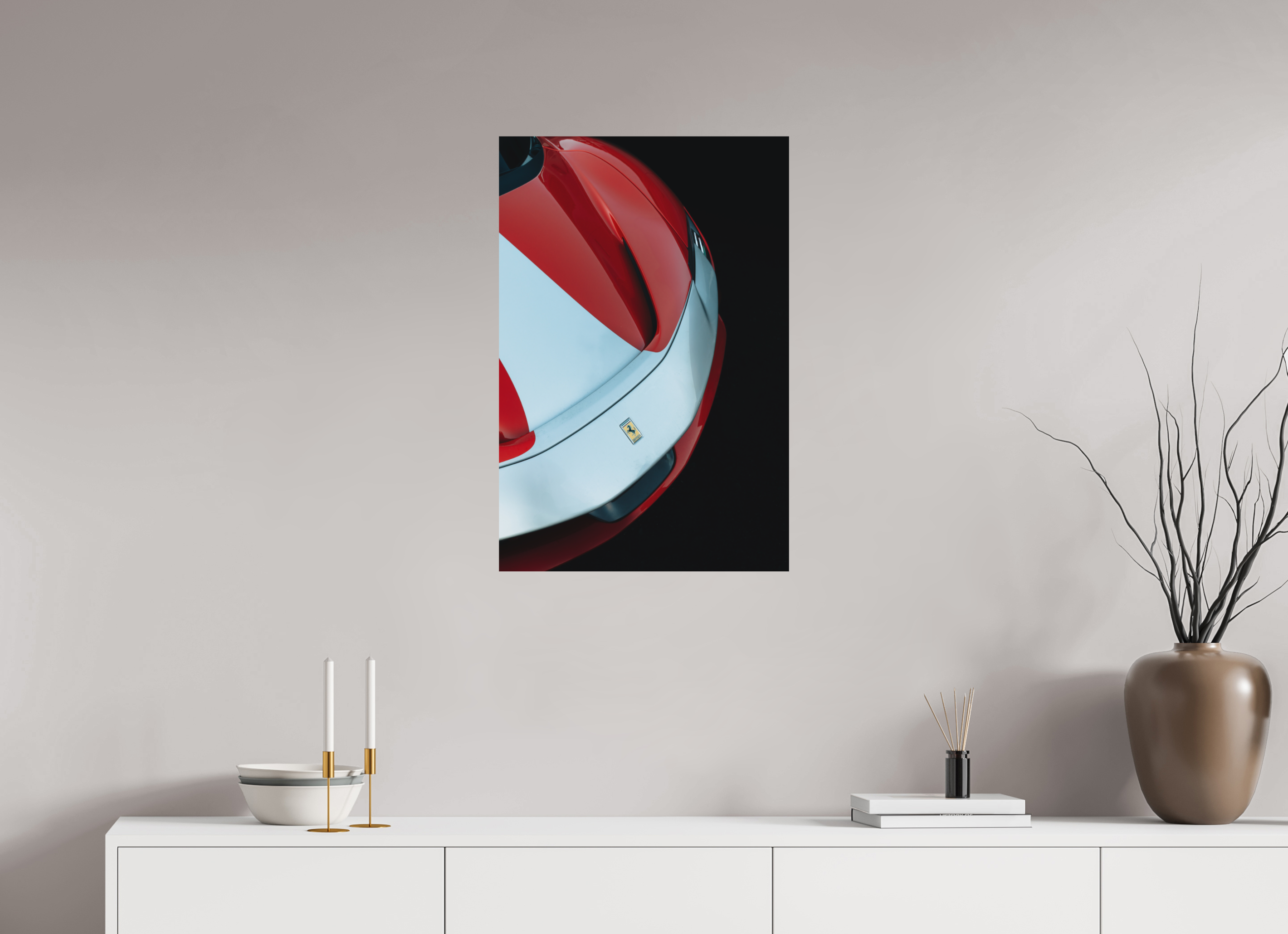 50 x 75 cm, Tirage Fine Art Premium + Ferrari SF90 Rouge et Blanche – Vue Avant Gauche