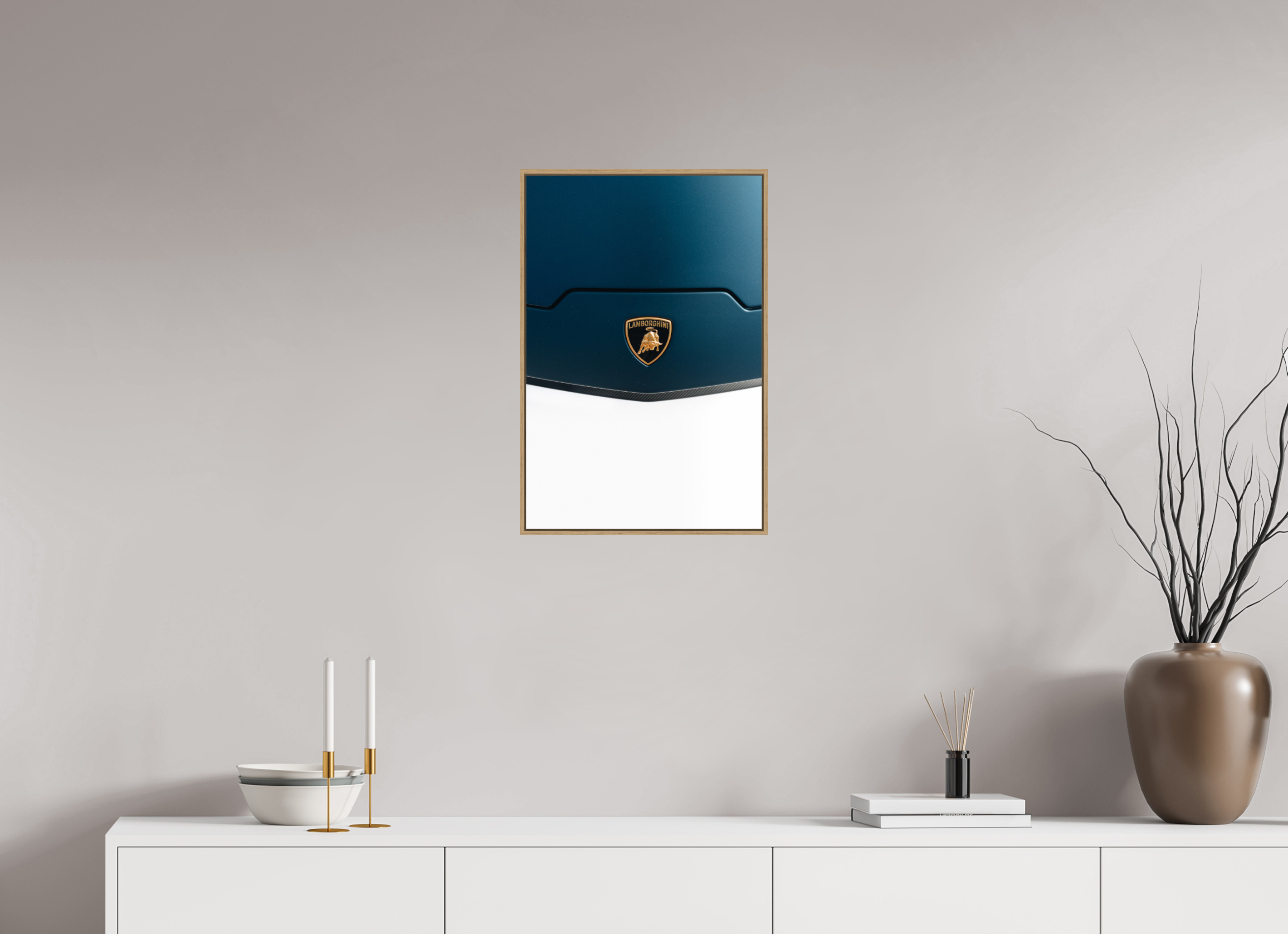 40 x 60 cm, Tirage sous Plexiglas encadré Lamborghini Temerario – Élégance et puissance en bleu