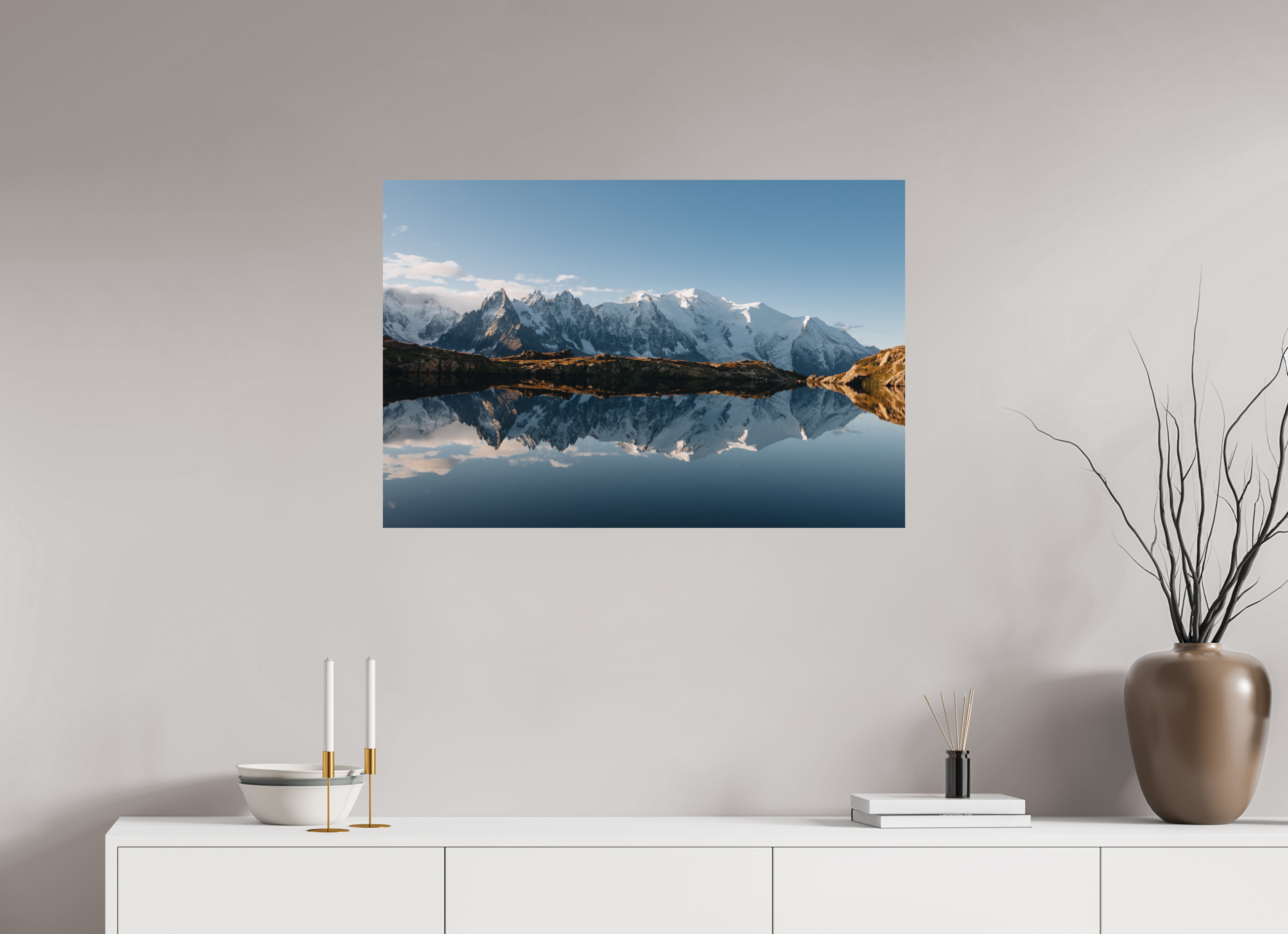 90 x 60 cm, Tirage Fine Art Premium Reflets du Mont-Blanc sur le lac des Cheserys