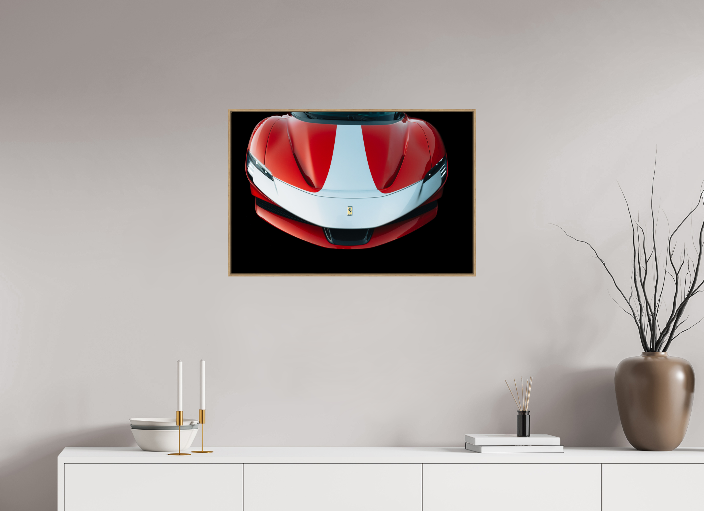75 x 50 cm, Tirage sous Plexiglas encadré Ferrari SF90 Rouge et Blanche – Focus Avant