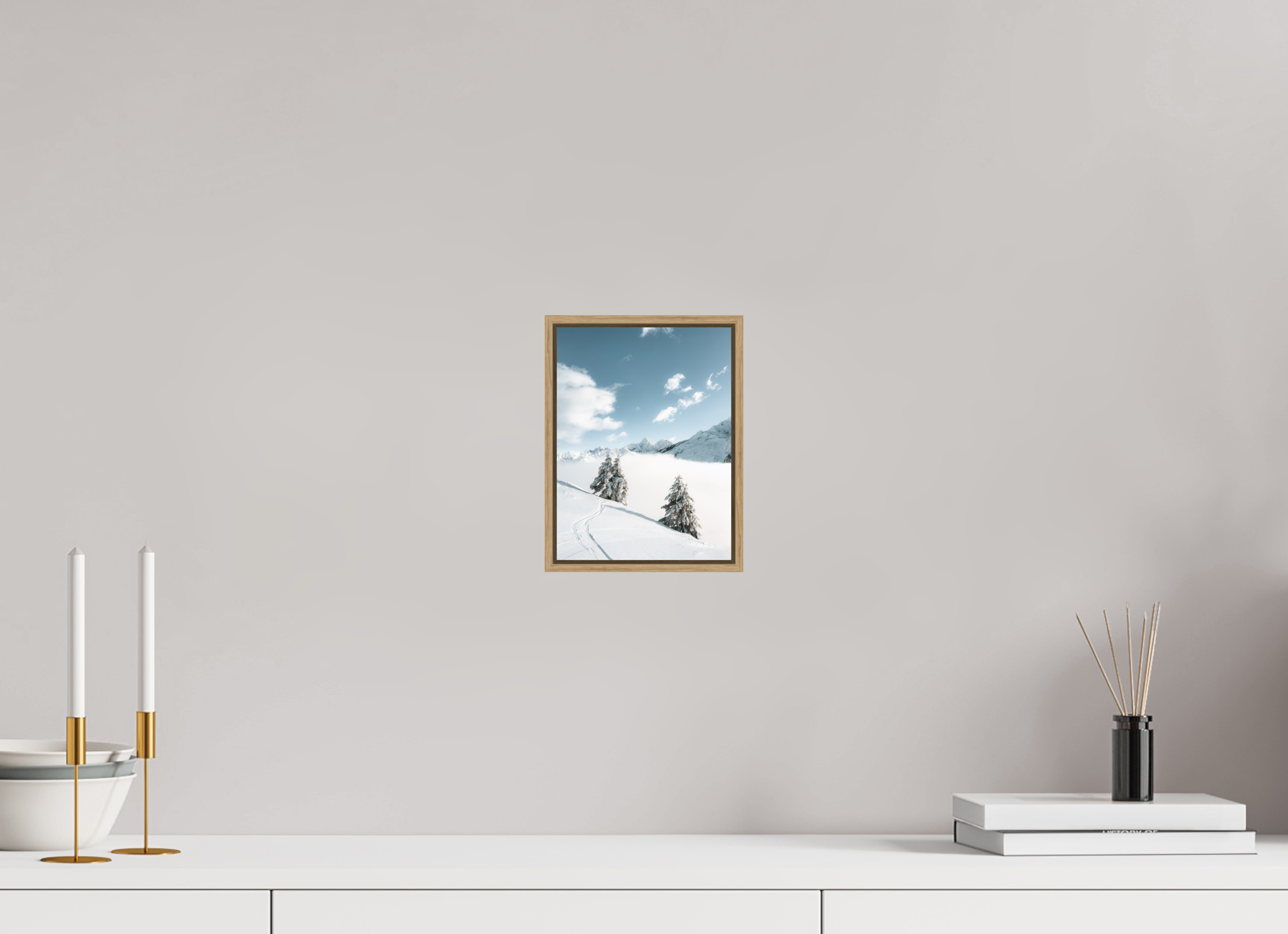 15 x 20 cm, Tirage sous Plexiglas encadré Traces dans la poudre – Hiver en montagne