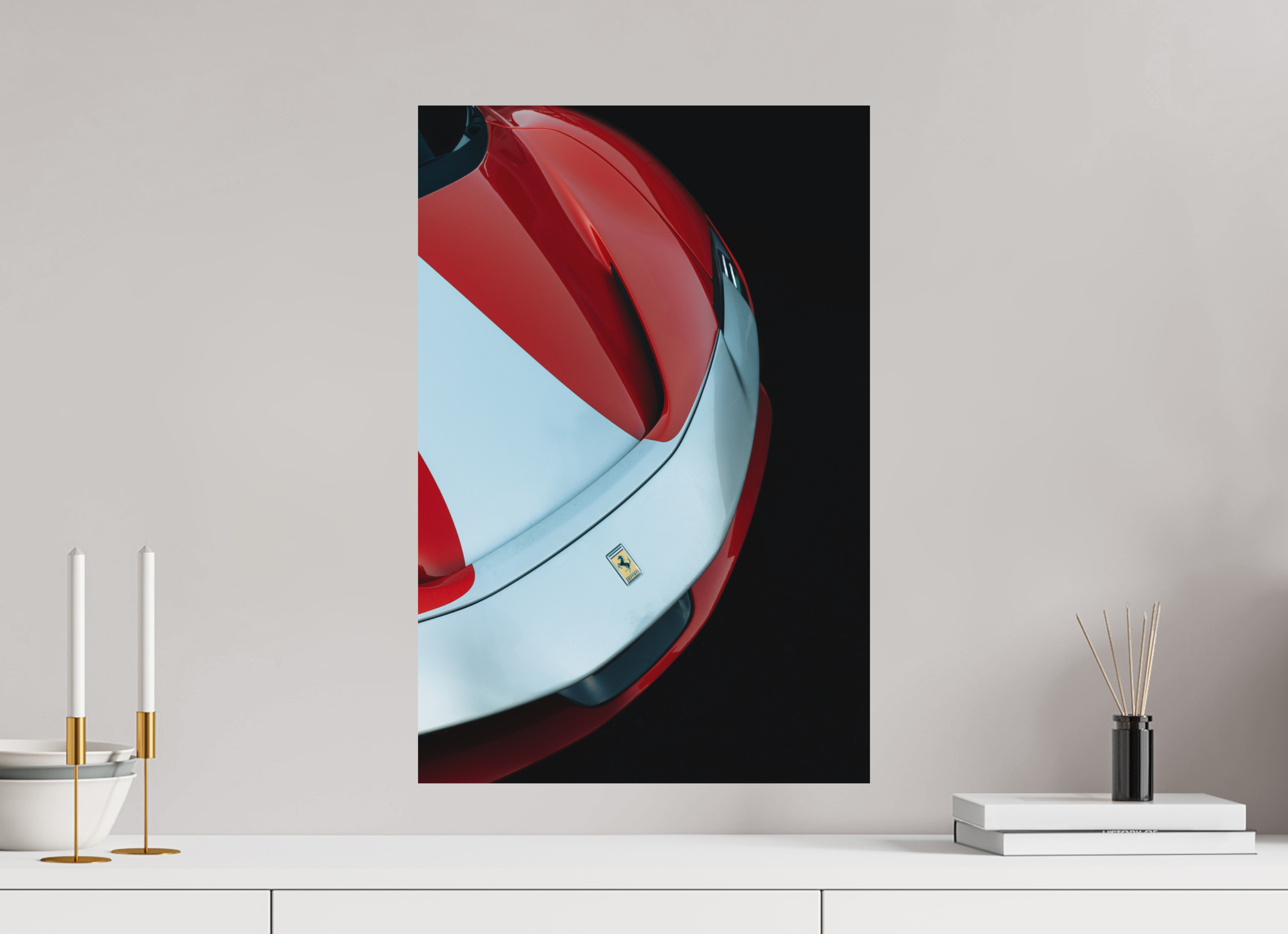 40 x 60 cm, Tirage Fine Art Premium + Ferrari SF90 Rouge et Blanche – Vue Avant Gauche