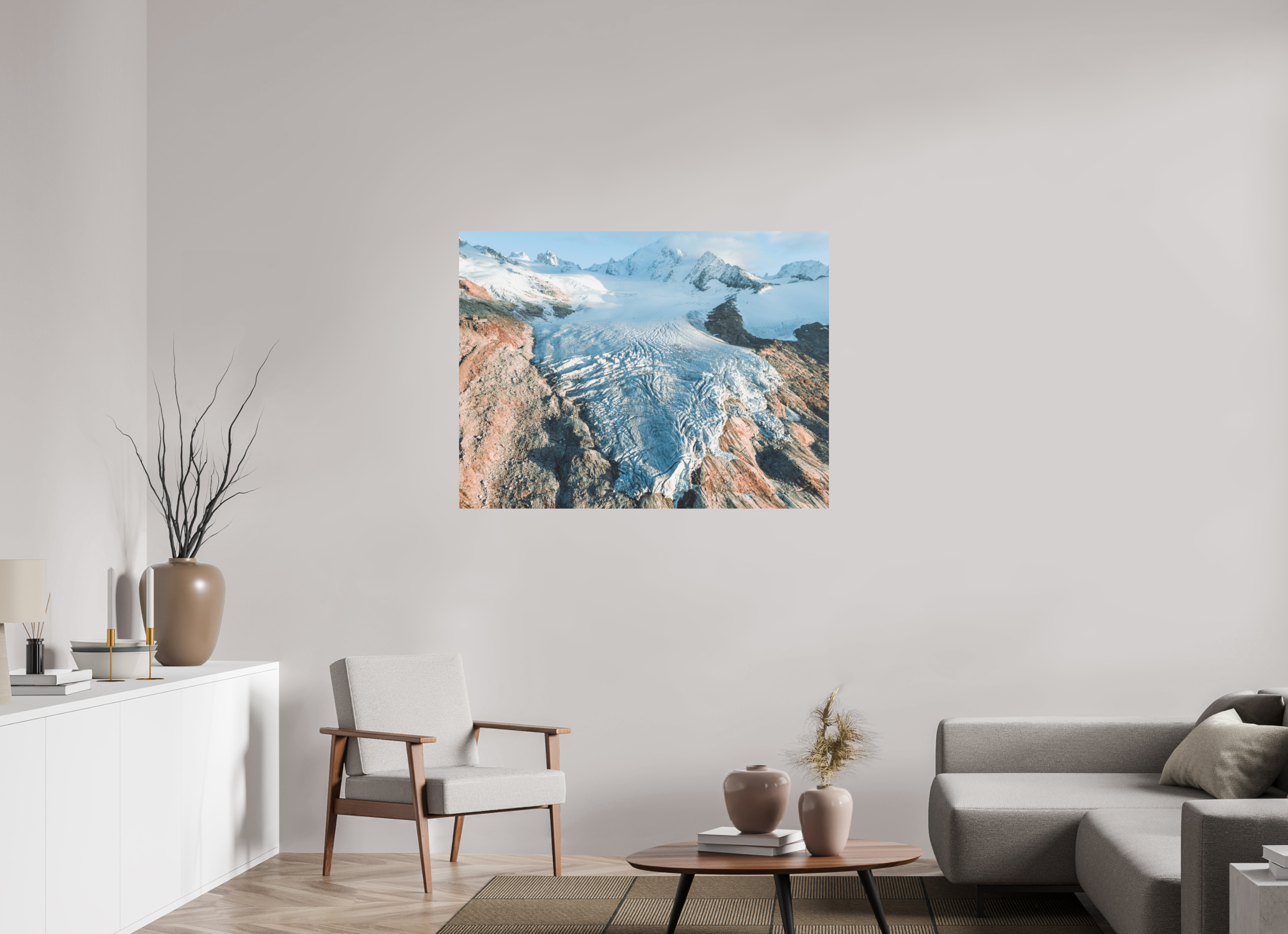 120 x 90 cm, Tirage Fine Art Premium + Glacier du Tour – Aube Dorée depuis le Ciel
