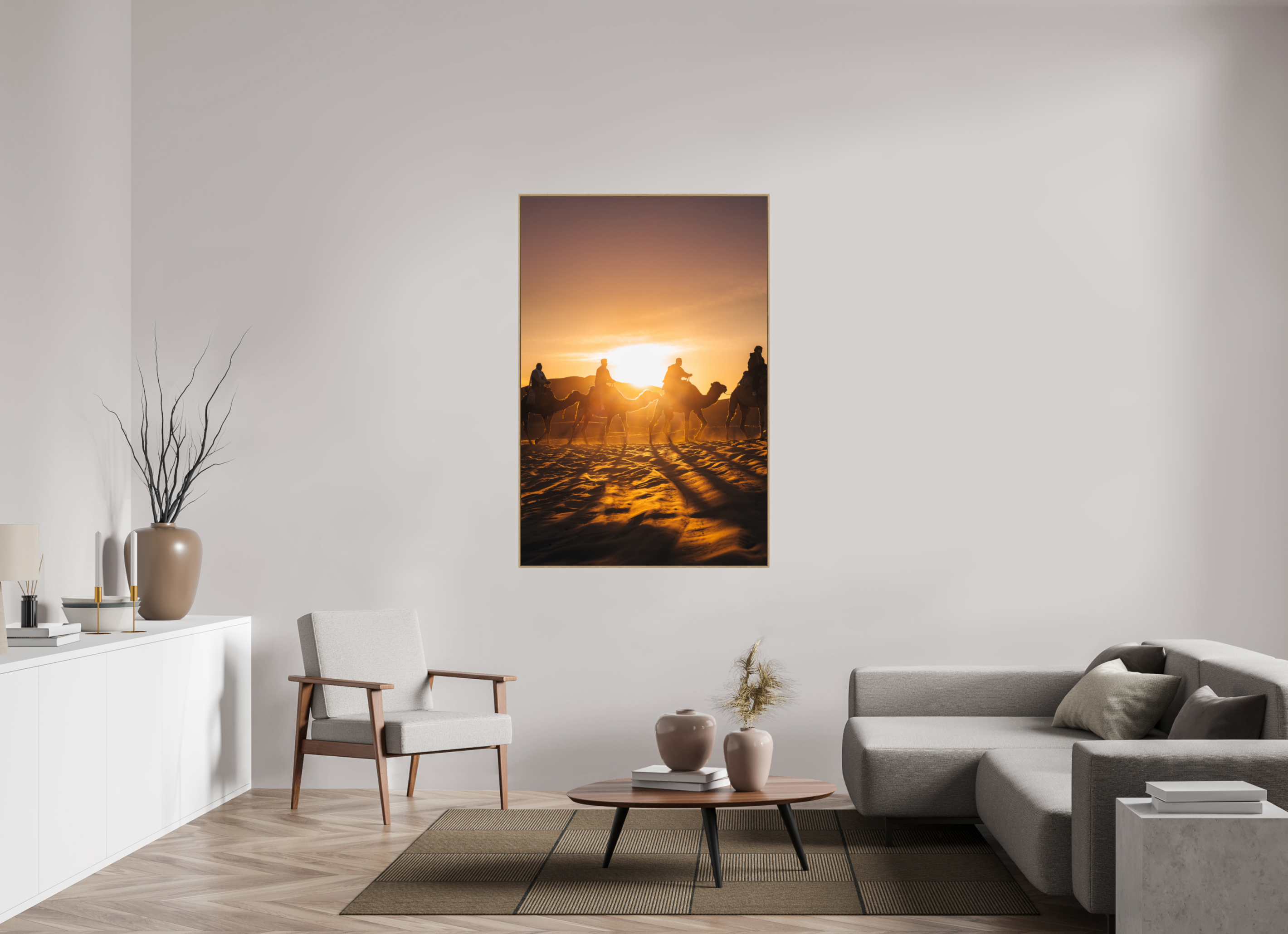 100 x 150 cm, Tirage sous Plexiglas encadré Silhouettes dans le soleil levant – Sahara
