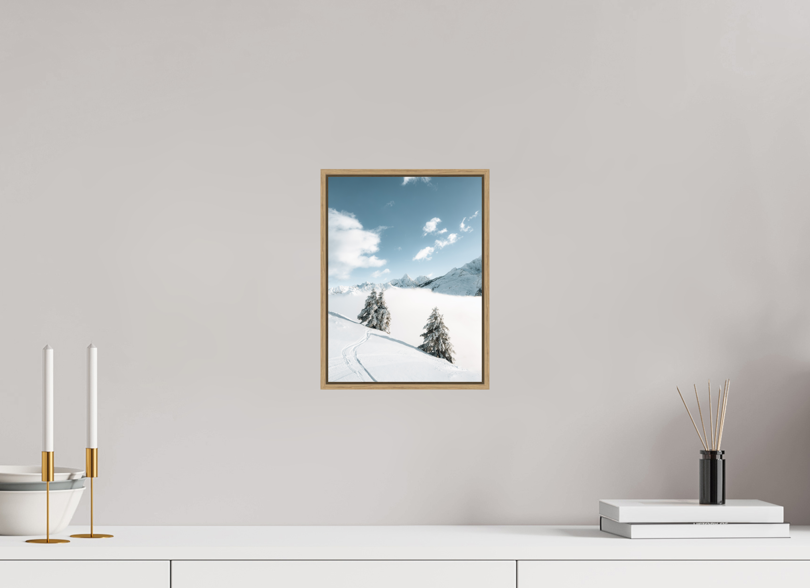 21 x 28 cm, Tirage sous Plexiglas encadré Traces dans la poudre – Hiver en montagne