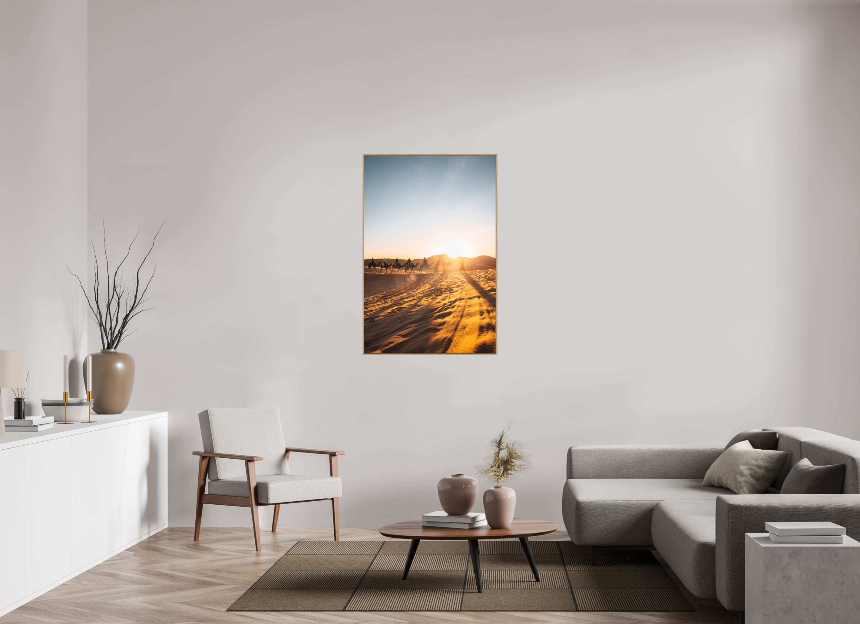 80 x 120 cm, Tirage sous Plexiglas encadré Caravane au lever du soleil – Sahara