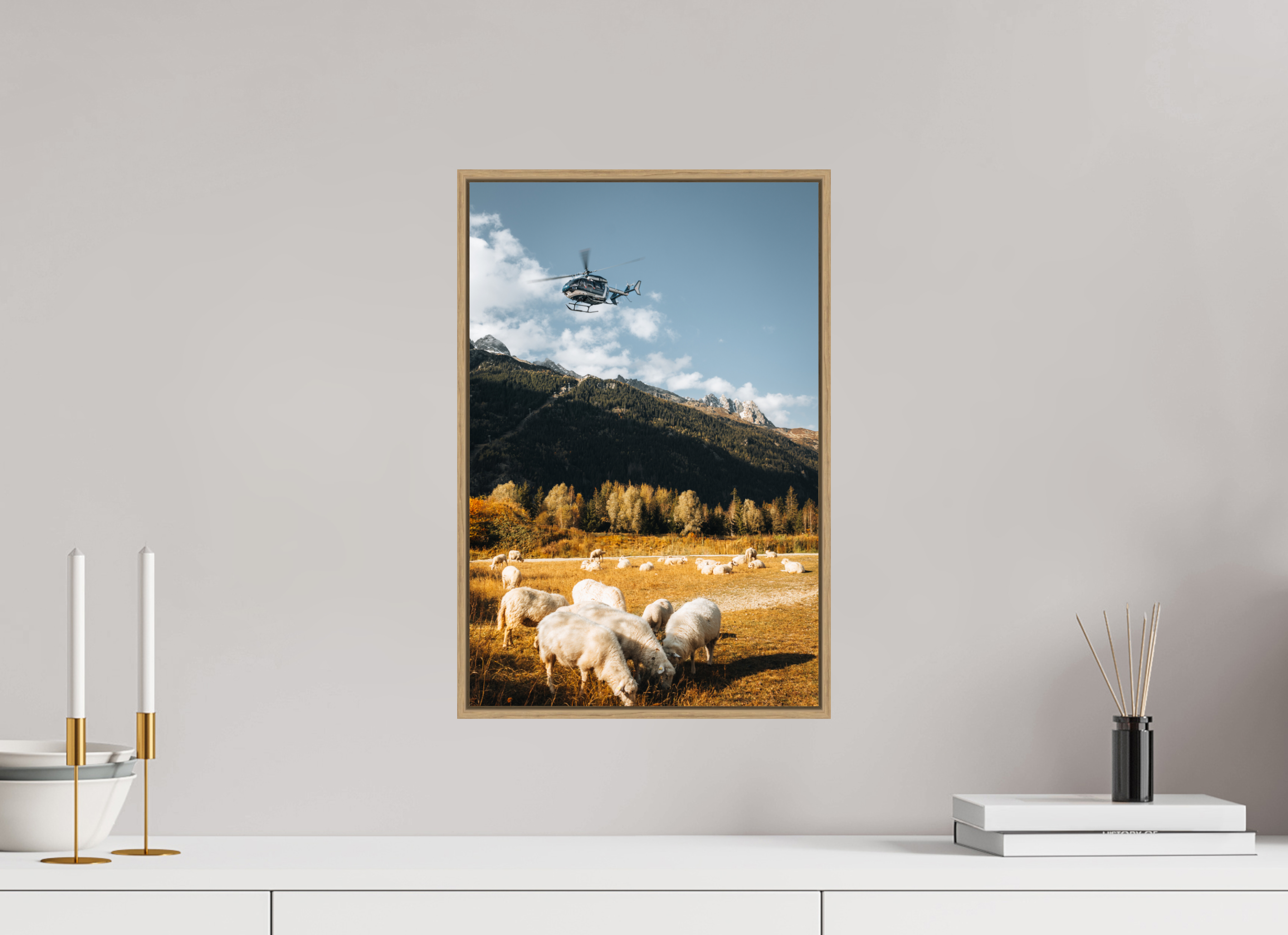 30 x 45 cm, Tirage sous Plexiglas encadré Moutons au coucher de soleil et intervention aérienne