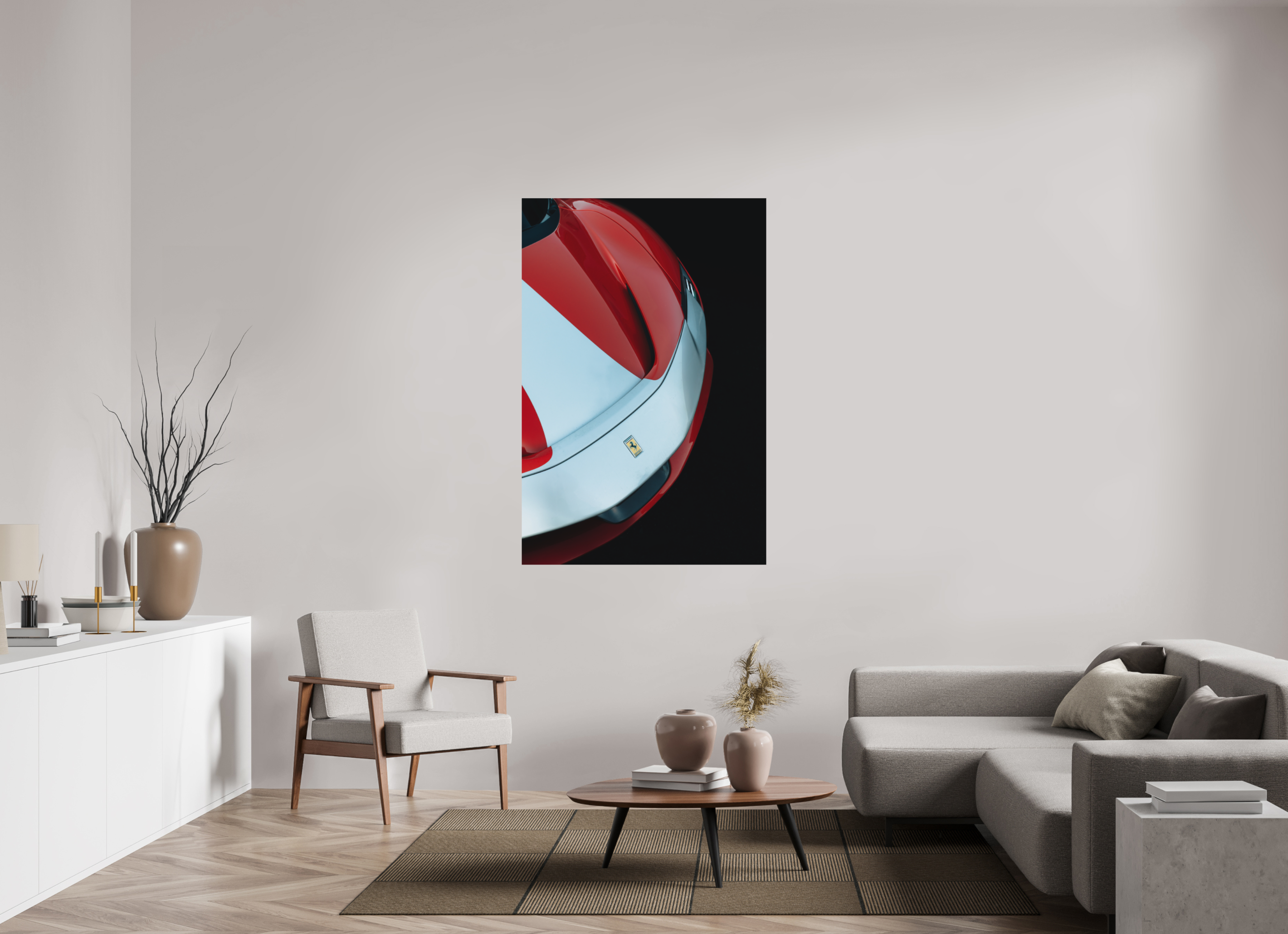 100 x 150 cm, Tirage Fine Art (Papier Mat) Ferrari SF90 Rouge et Blanche – Vue Avant Gauche