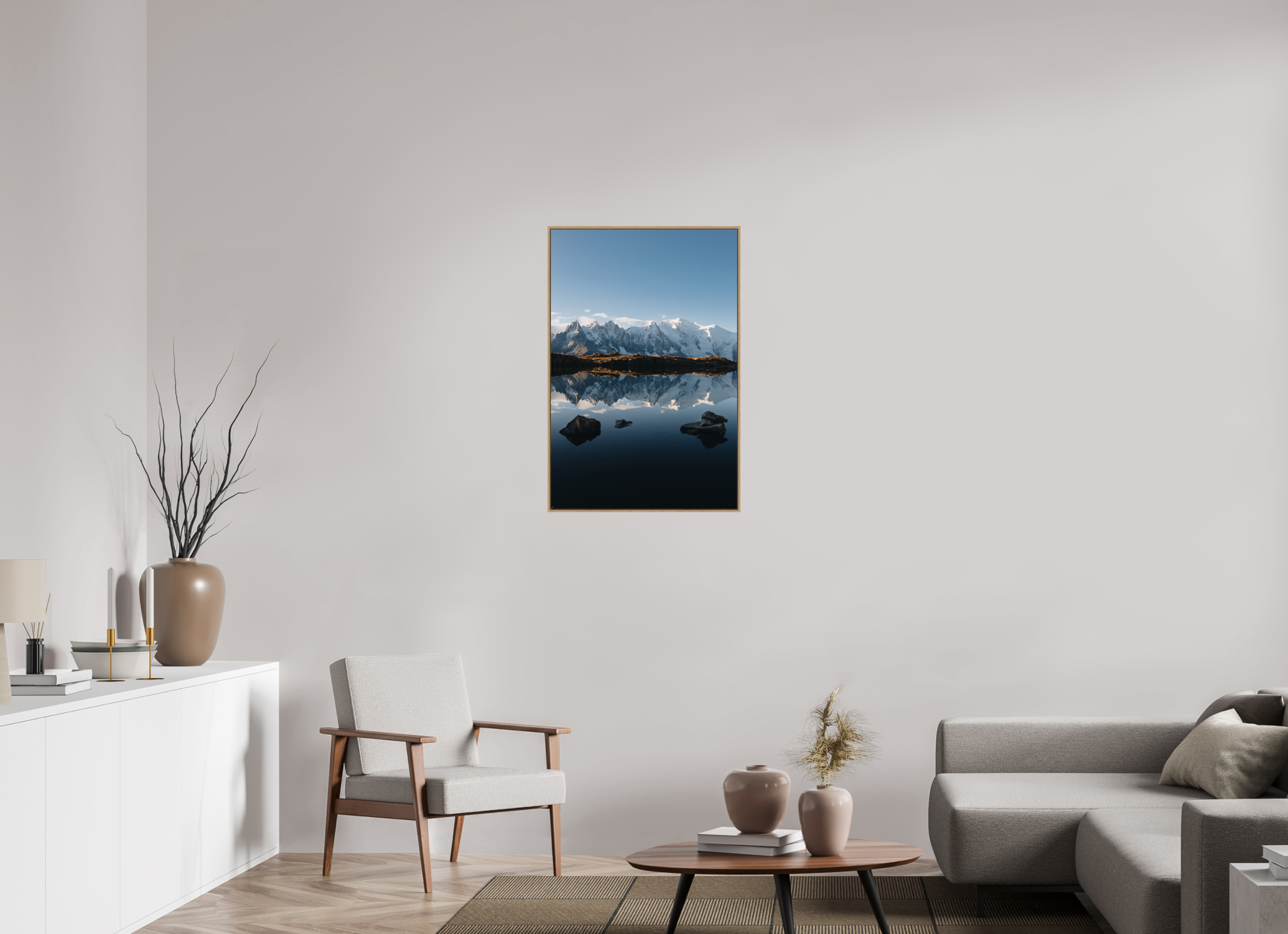 60 x 90 cm, Tirage sous Plexiglas encadré Mont-Blanc en miroir sur le lac des Cheserys