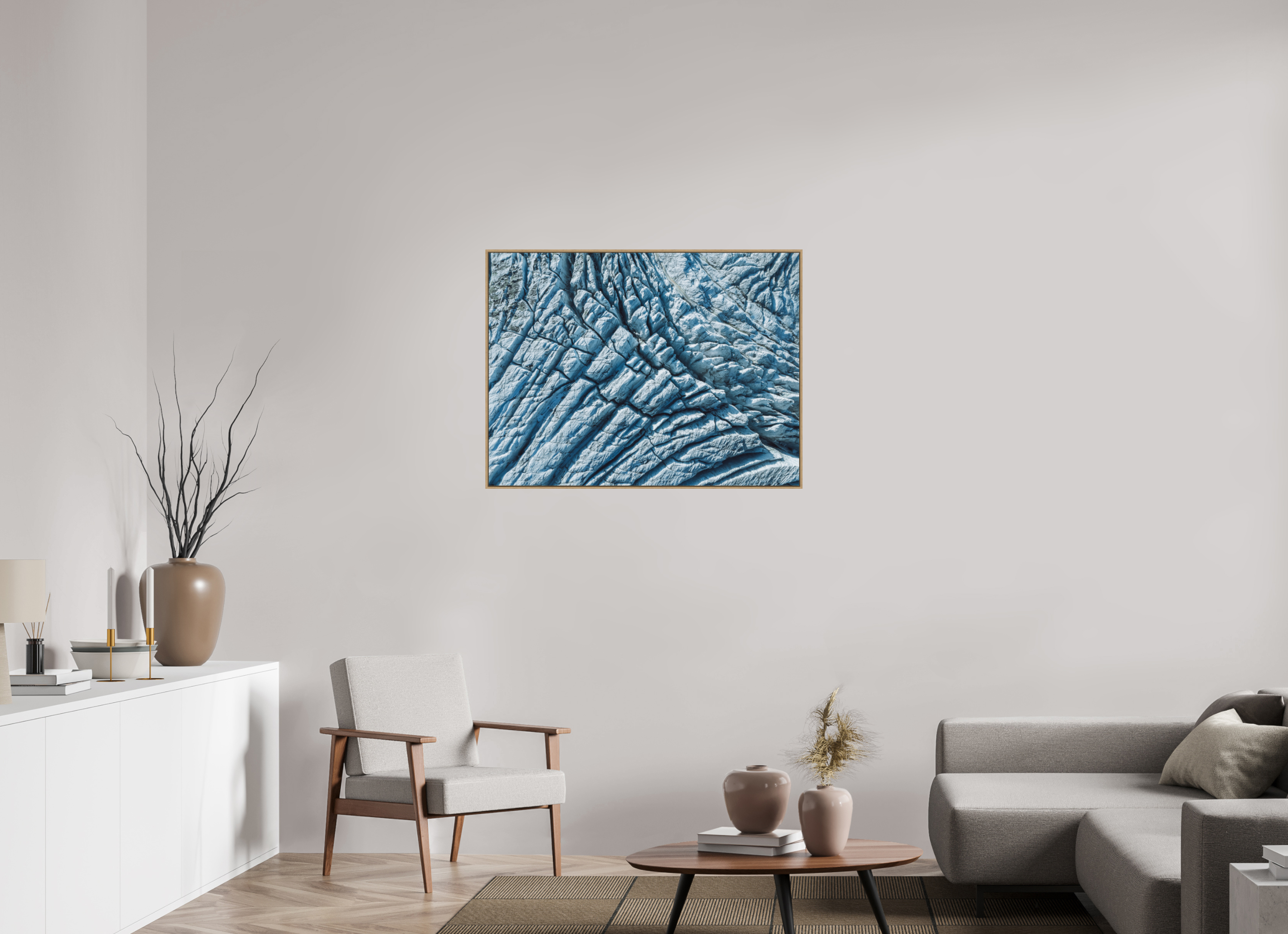 100 x 75 cm, Tirage sous Plexiglas encadré Glacier du Tour – Séracs et Crevasses depuis le Ciel