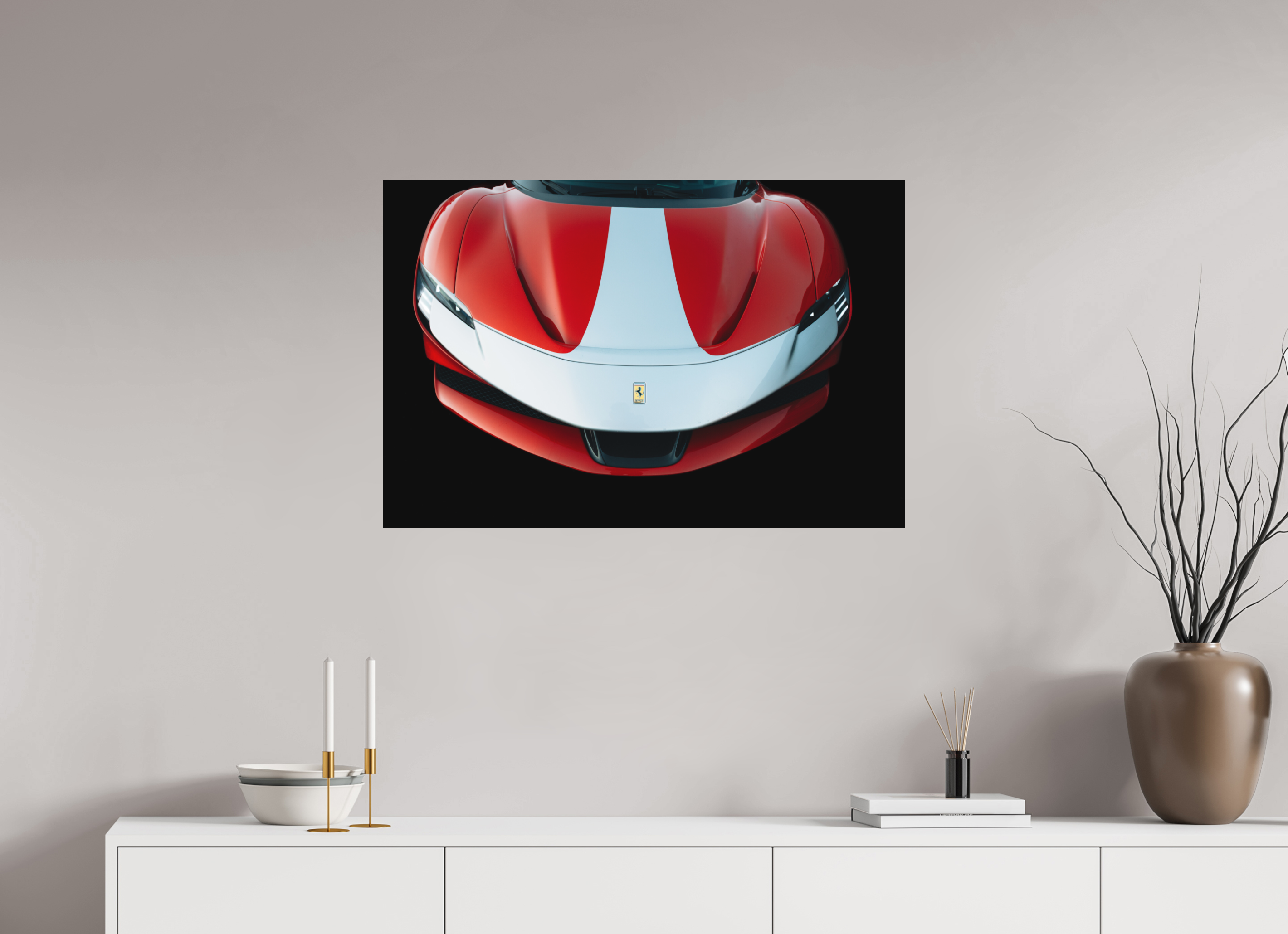 90 x 60 cm, Tirage Fine Art (Papier Mat) Ferrari SF90 Rouge et Blanche – Focus Avant