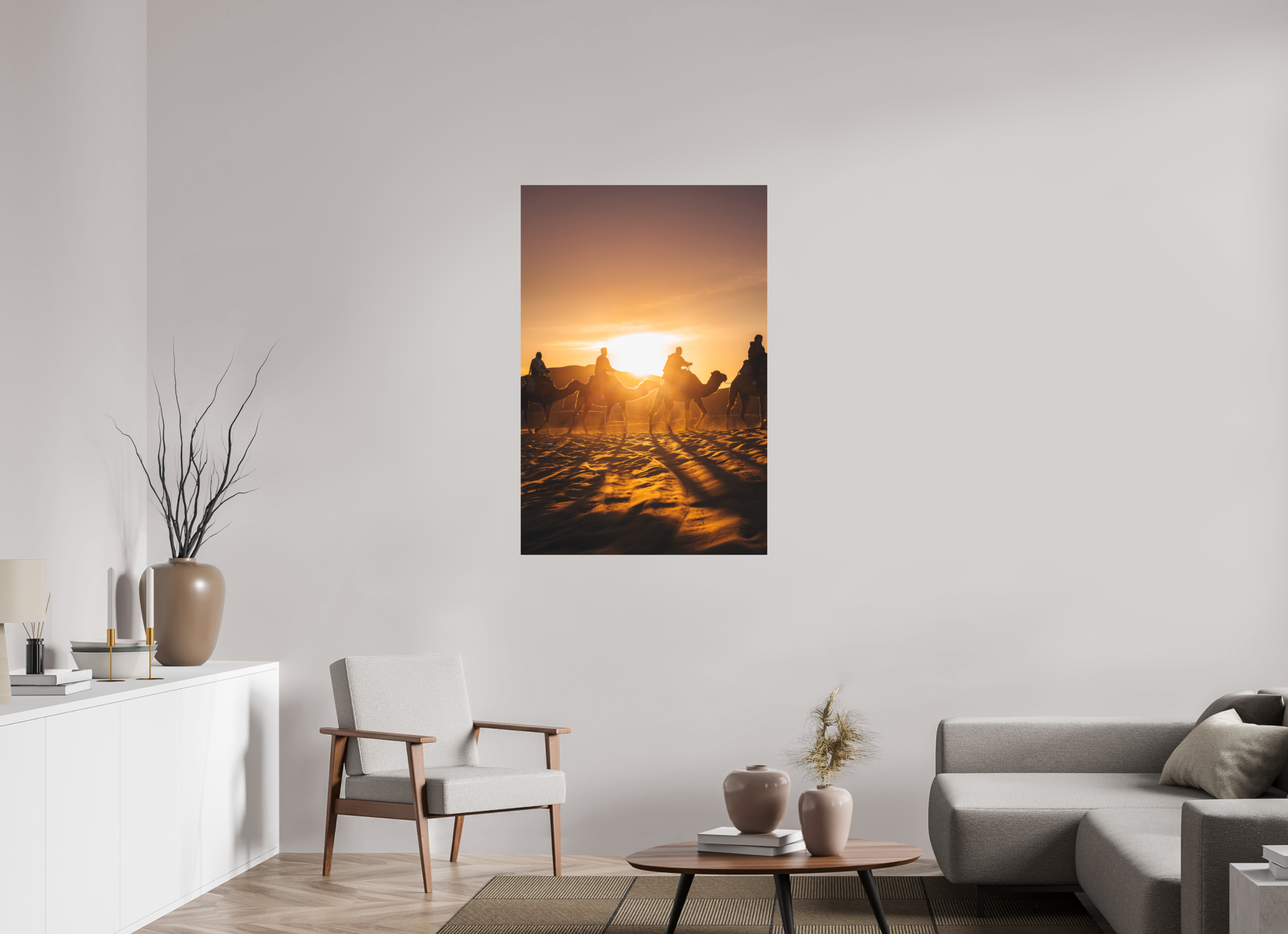 80 x 120 cm, Tirage Fine Art (Papier Mat) Silhouettes dans le soleil levant – Sahara