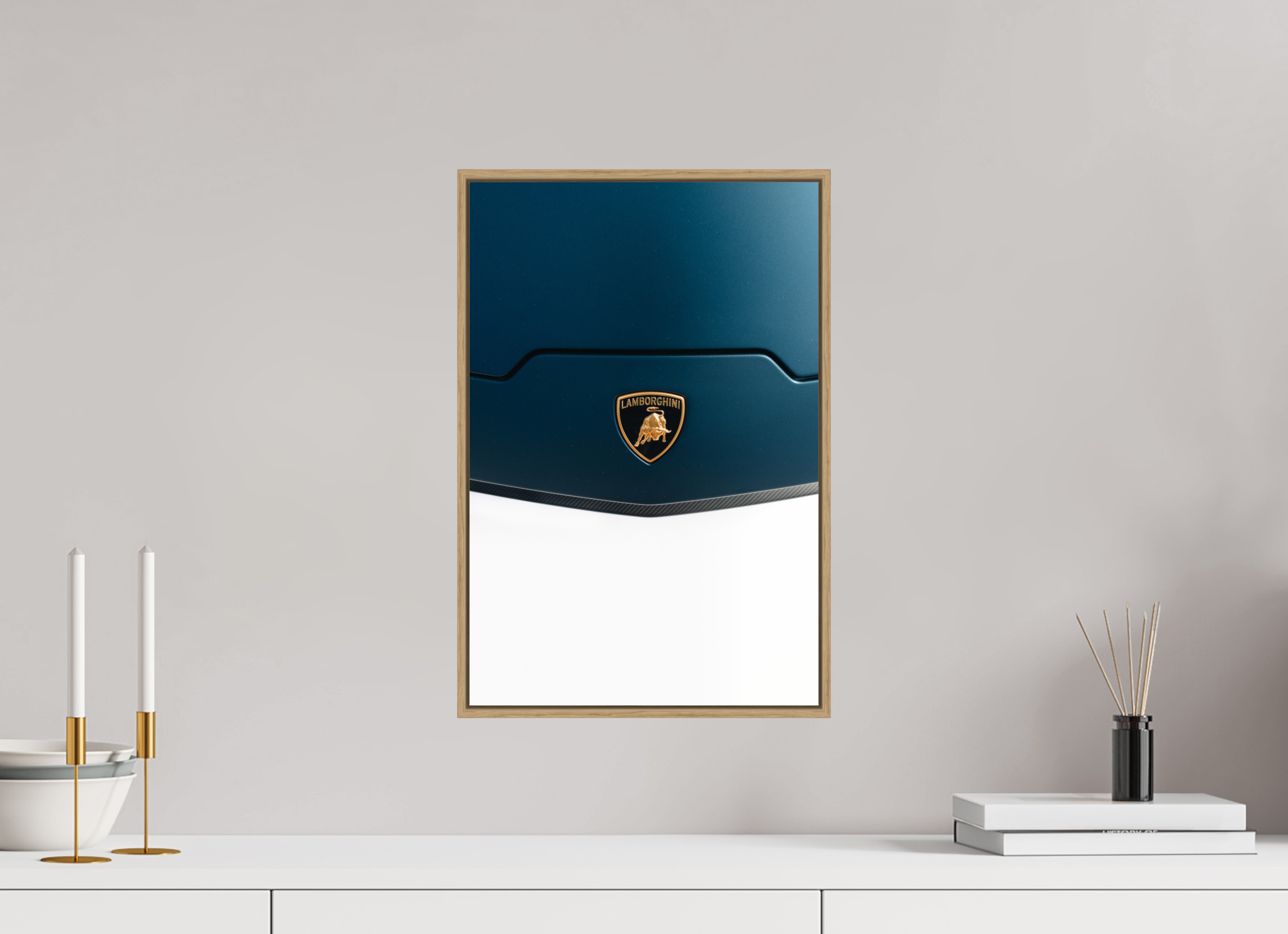 30 x 45 cm, Tirage sous Plexiglas encadré Lamborghini Temerario – Élégance et puissance en bleu