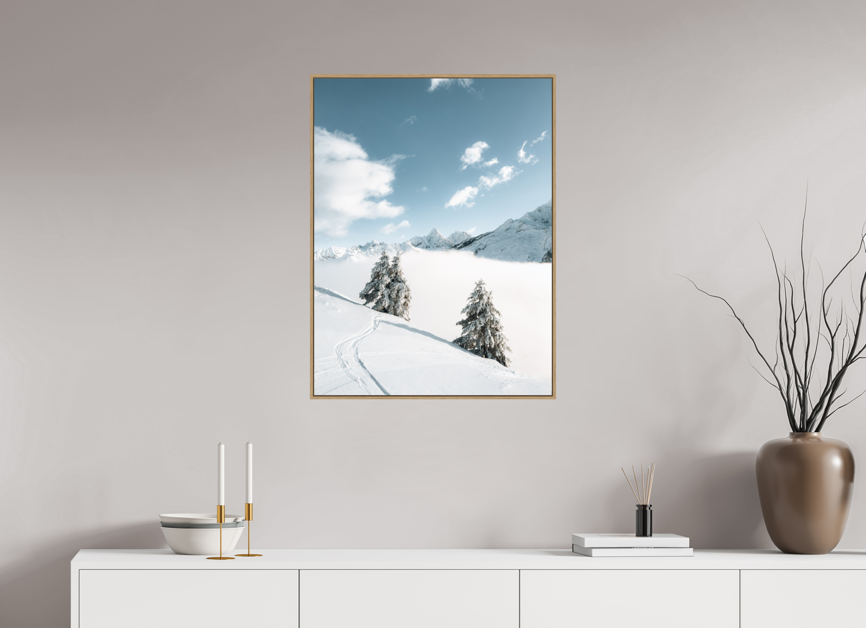 60 x 80 cm, Tirage sous Plexiglas encadré Traces dans la poudre – Hiver en montagne