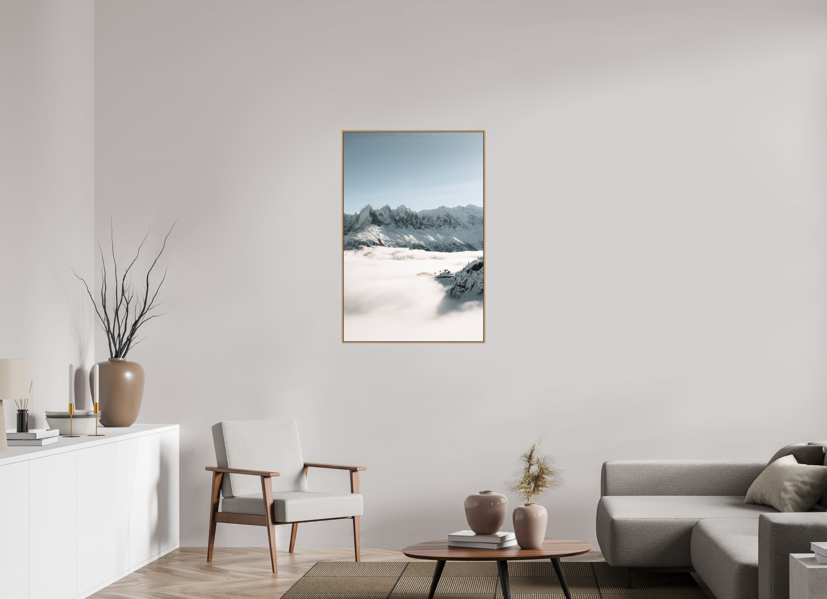 70 x 105 cm, Tirage sous Plexiglas encadré Mer de nuages hivernale sur le massif du Mont-Blanc