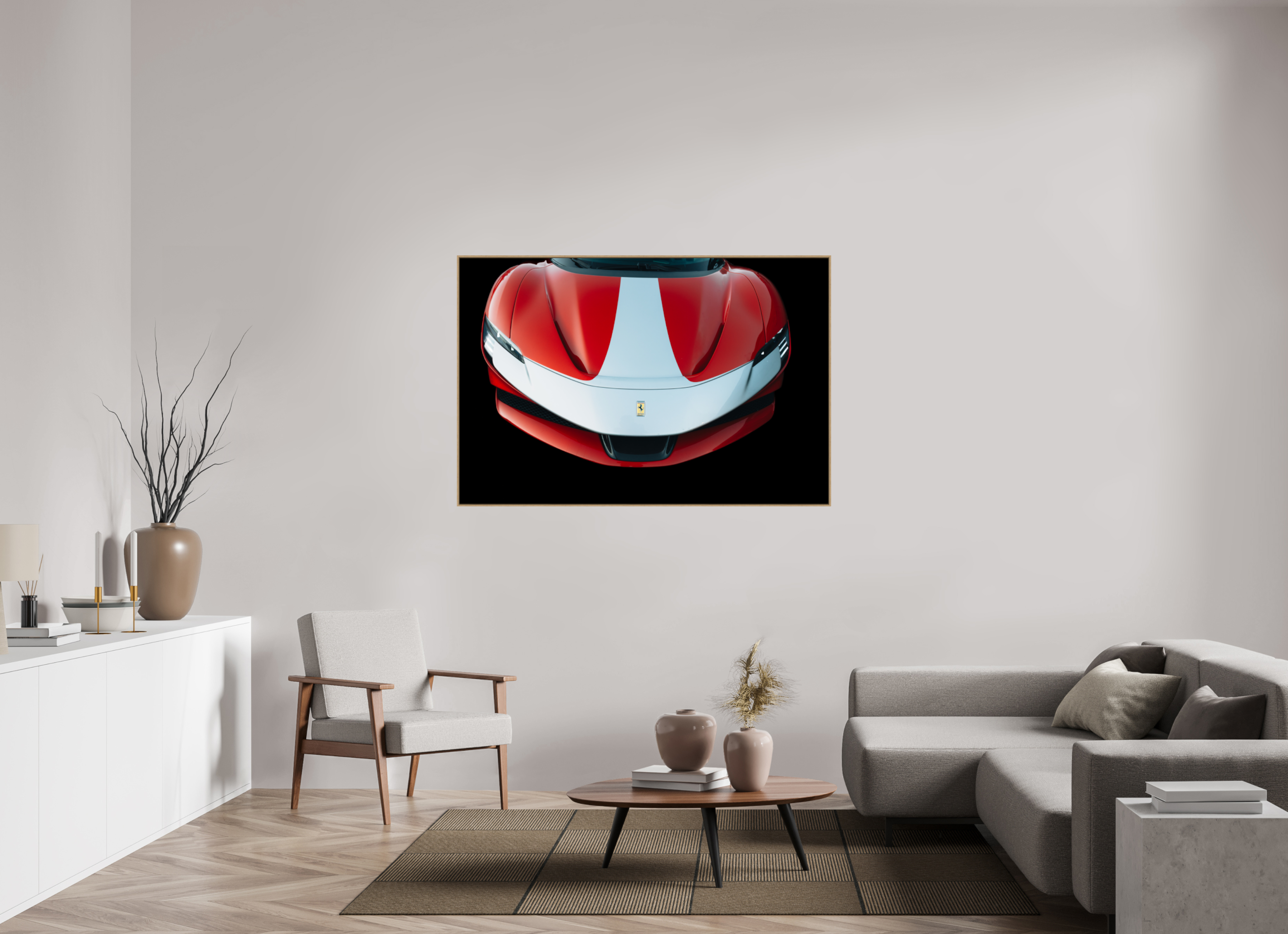 150 x 100 cm, Tirage sous Plexiglas encadré Ferrari SF90 Rouge et Blanche – Focus Avant