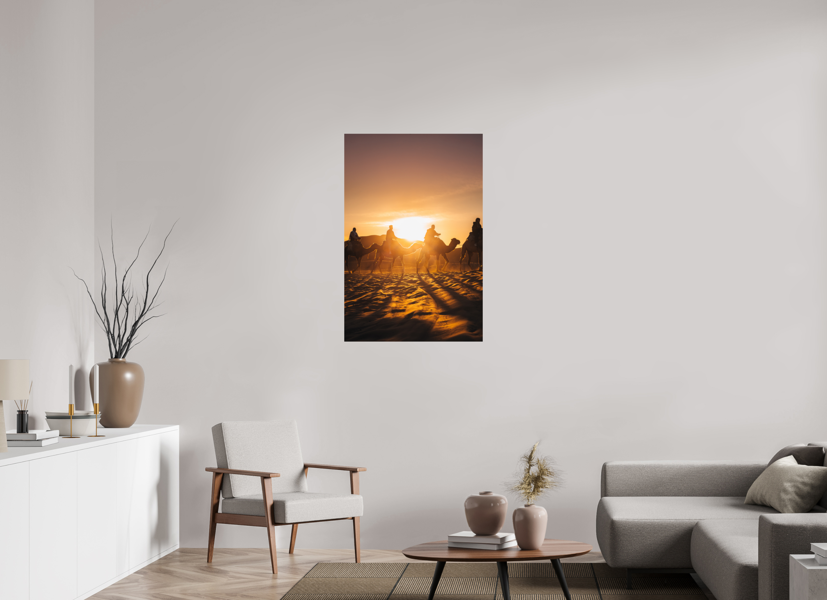 70 x 105 cm, Tirage Fine Art Premium Silhouettes dans le soleil levant – Sahara