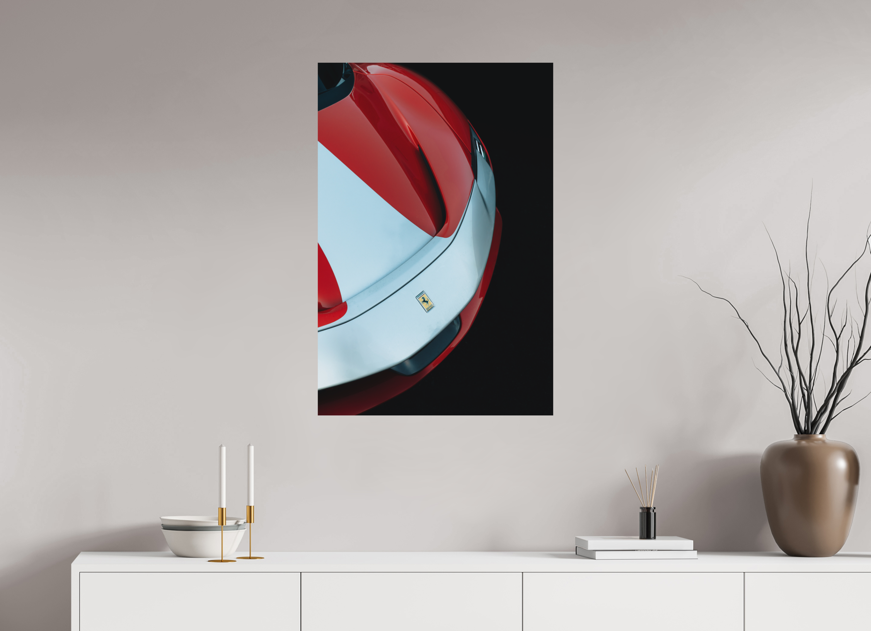 60 x 90 cm, Tirage Fine Art (Papier Mat) Ferrari SF90 Rouge et Blanche – Vue Avant Gauche