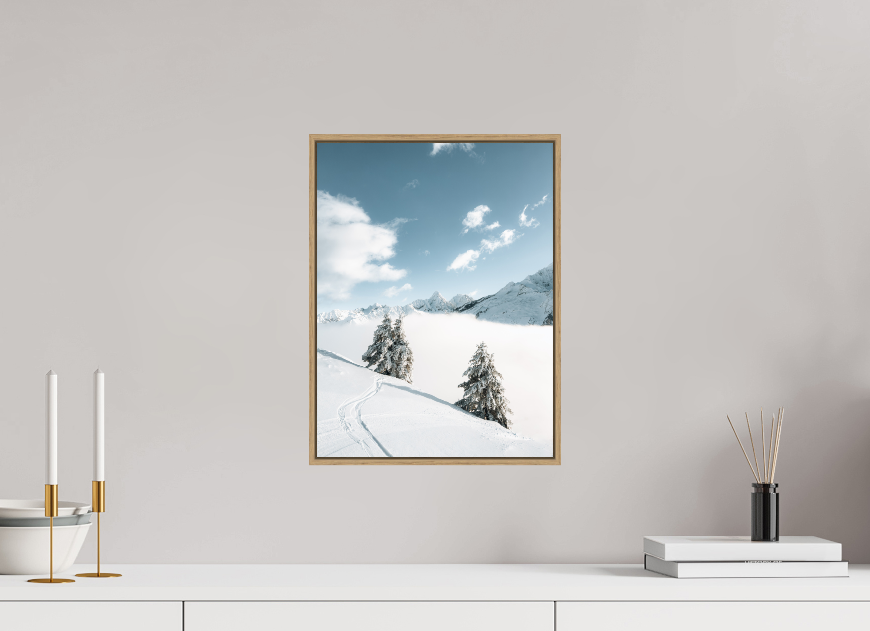 30 x 40 cm, Tirage sous Plexiglas encadré Traces dans la poudre – Hiver en montagne