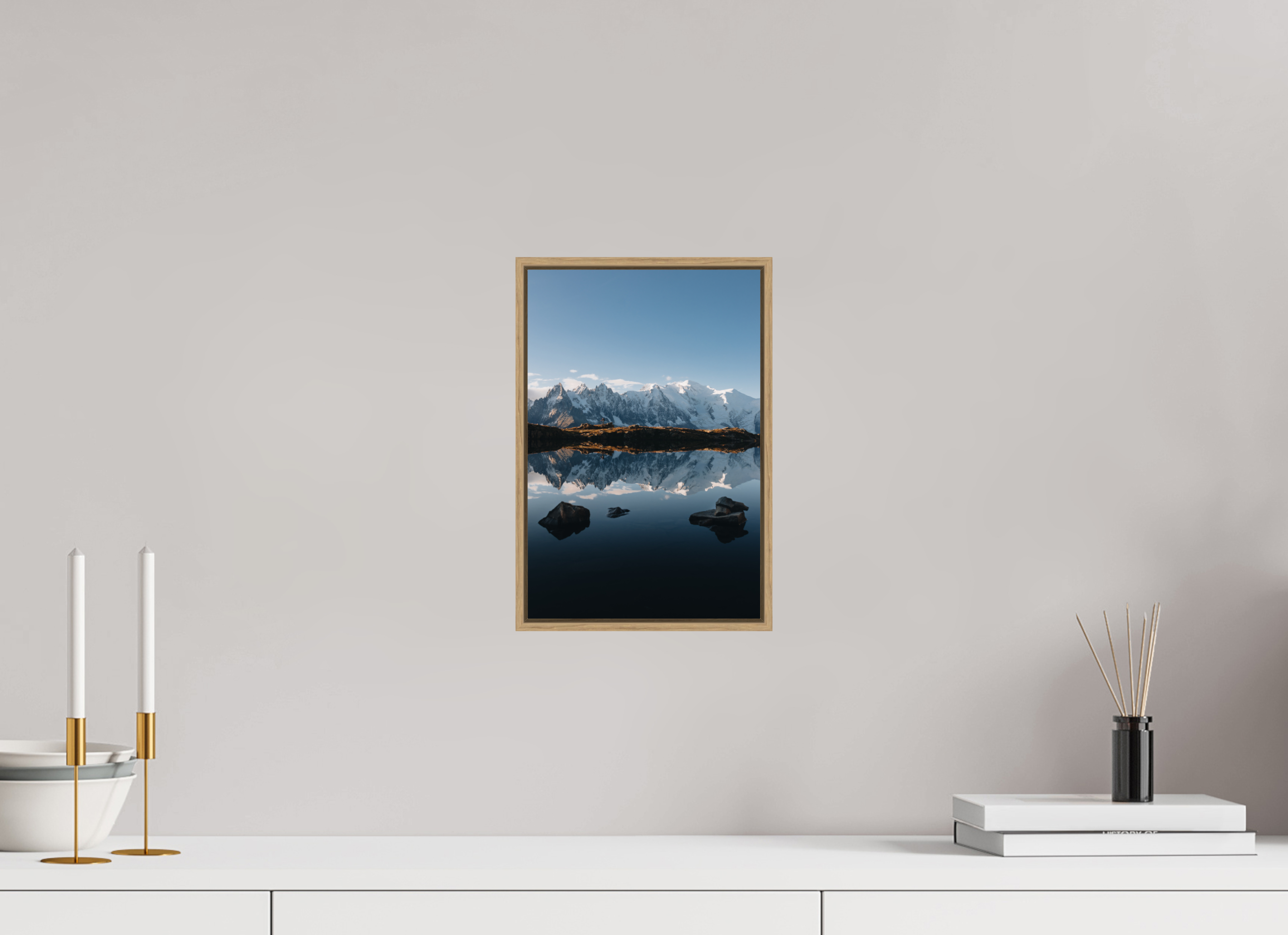 20 x 30 cm, Tirage sous Plexiglas encadré Mont-Blanc en miroir sur le lac des Cheserys