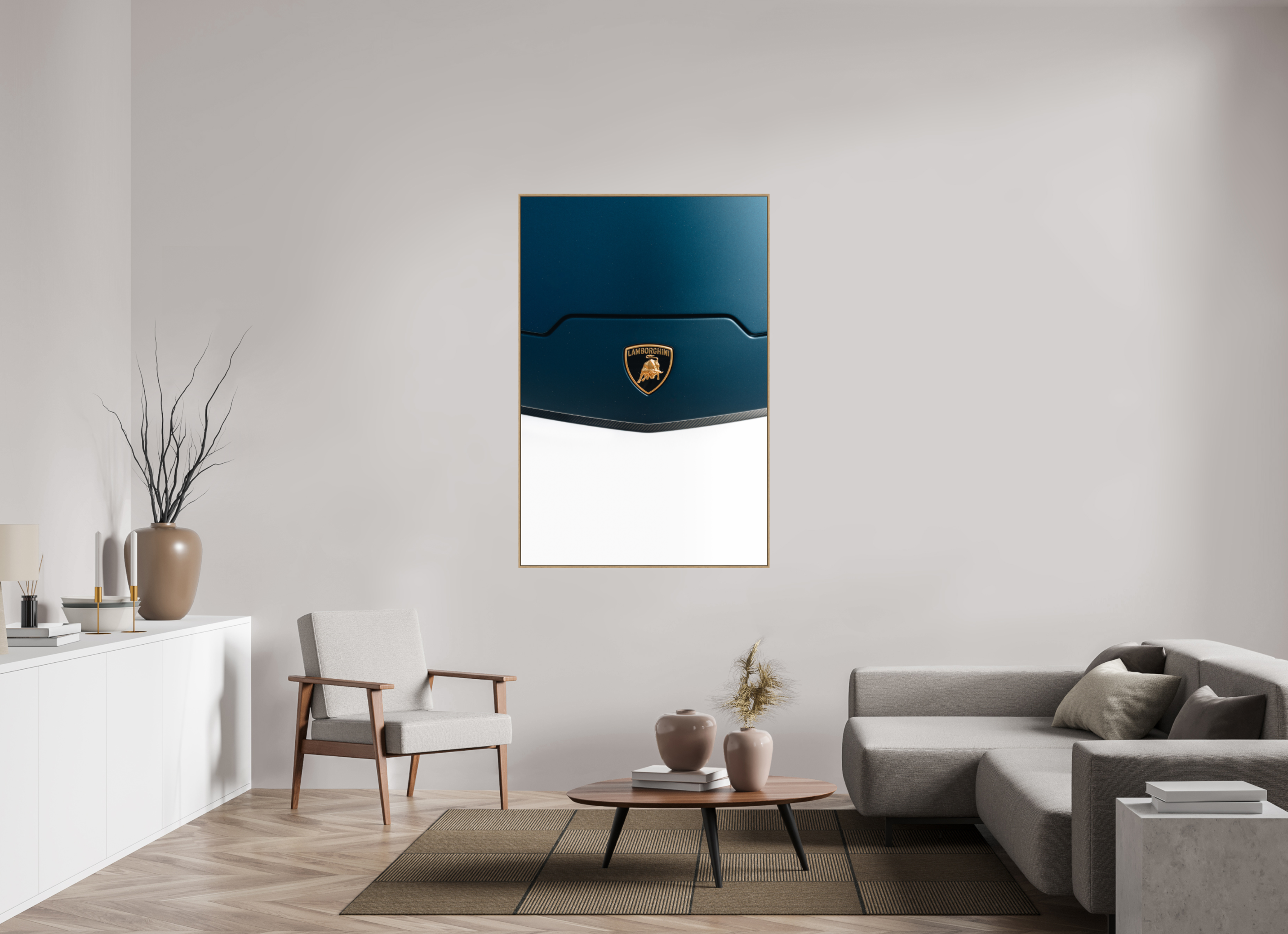 100 x 150 cm, Tirage sous Plexiglas encadré Lamborghini Temerario – Élégance et puissance en bleu