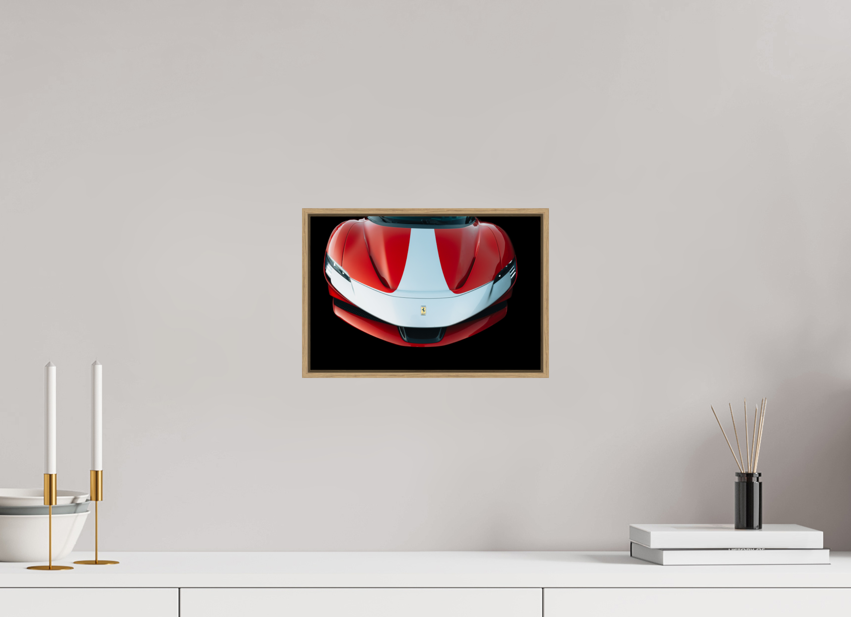 30 x 20 cm, Tirage sous Plexiglas encadré Ferrari SF90 Rouge et Blanche – Focus Avant