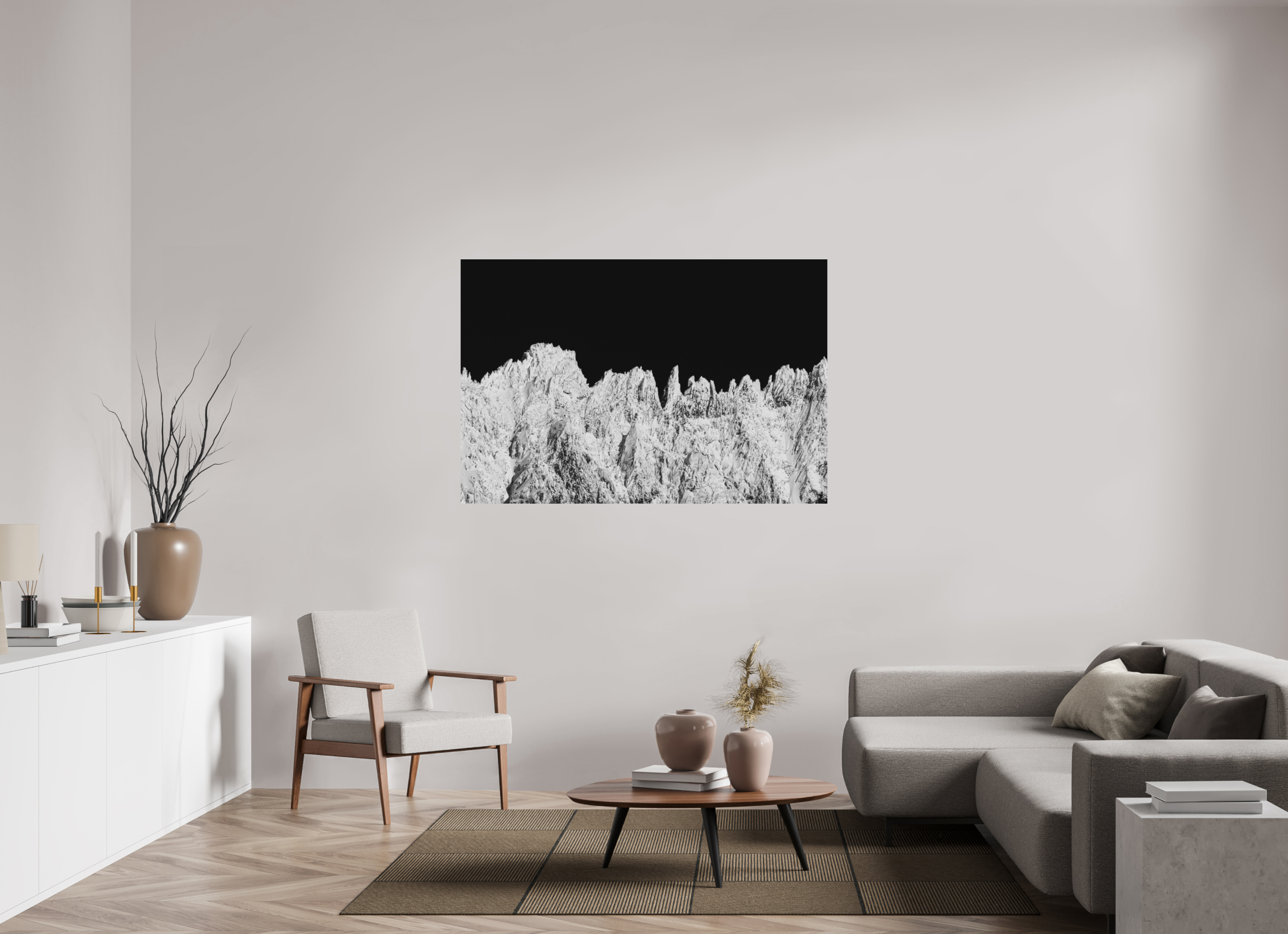 150 x 100 cm, Tirage Fine Art Premium + Chaîne de piques – Aiguilles hivernales en noir et blanc