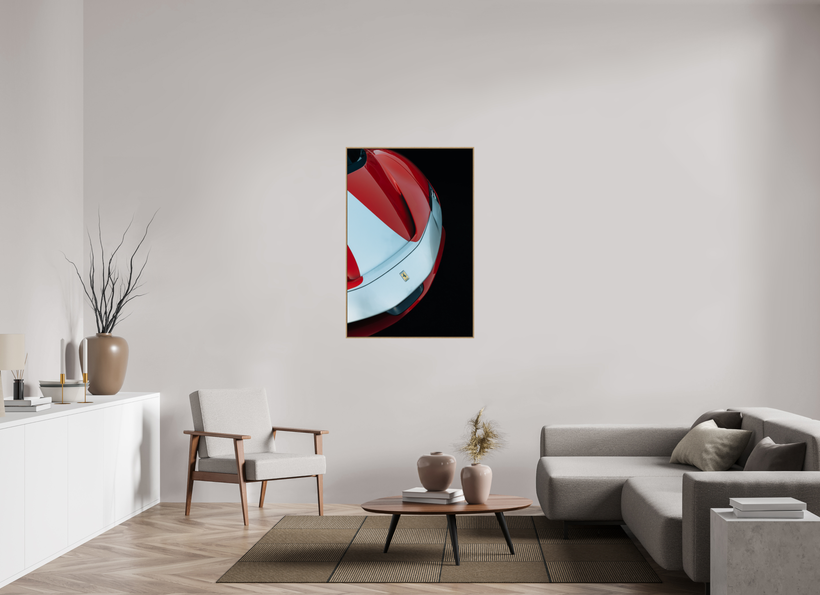 80 x 120 cm, Tirage sous Plexiglas encadré Ferrari SF90 Rouge et Blanche – Vue Avant Gauche