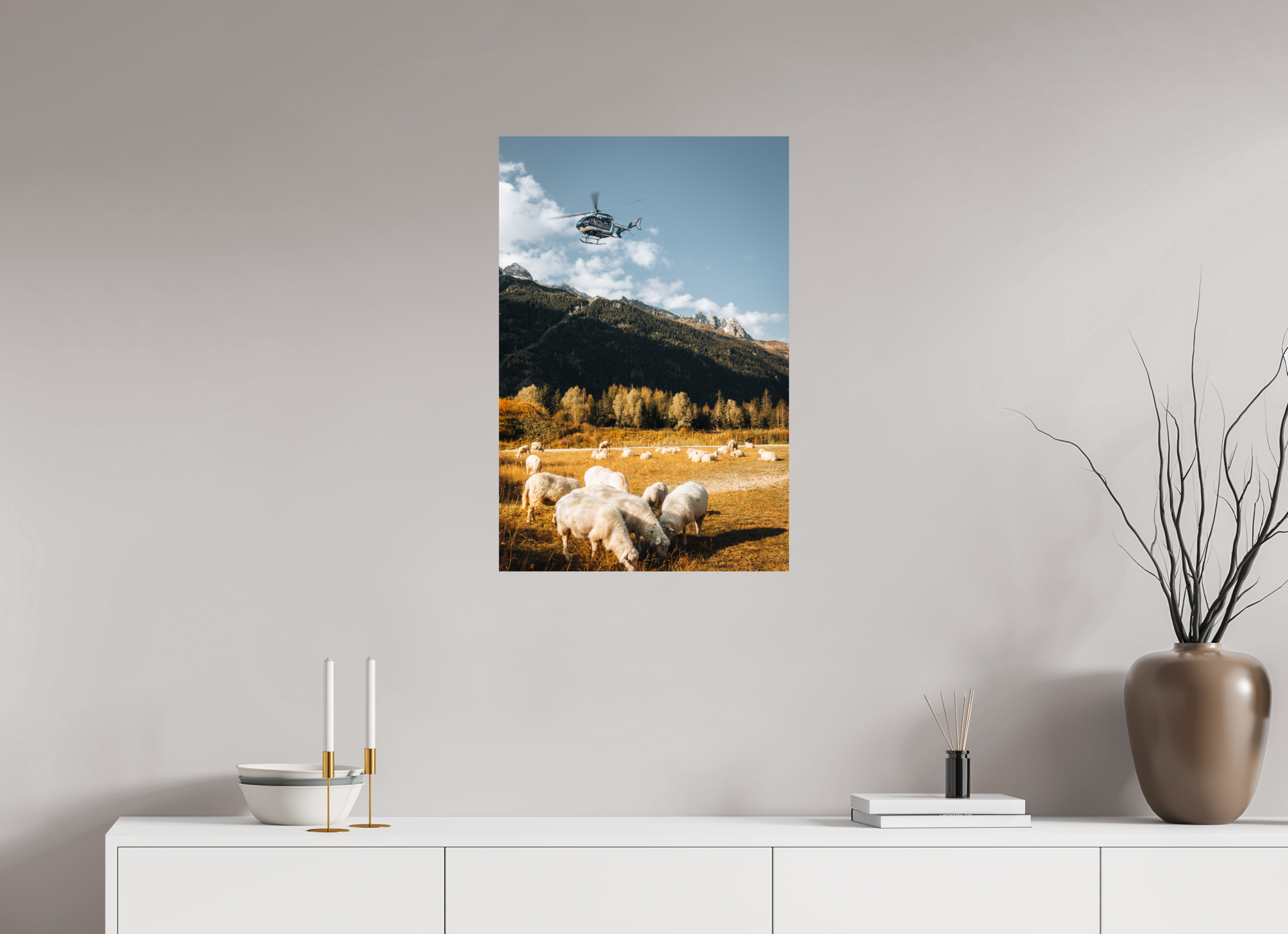 50 x 75 cm, Tirage Fine Art Premium Moutons au coucher de soleil et intervention aérienne