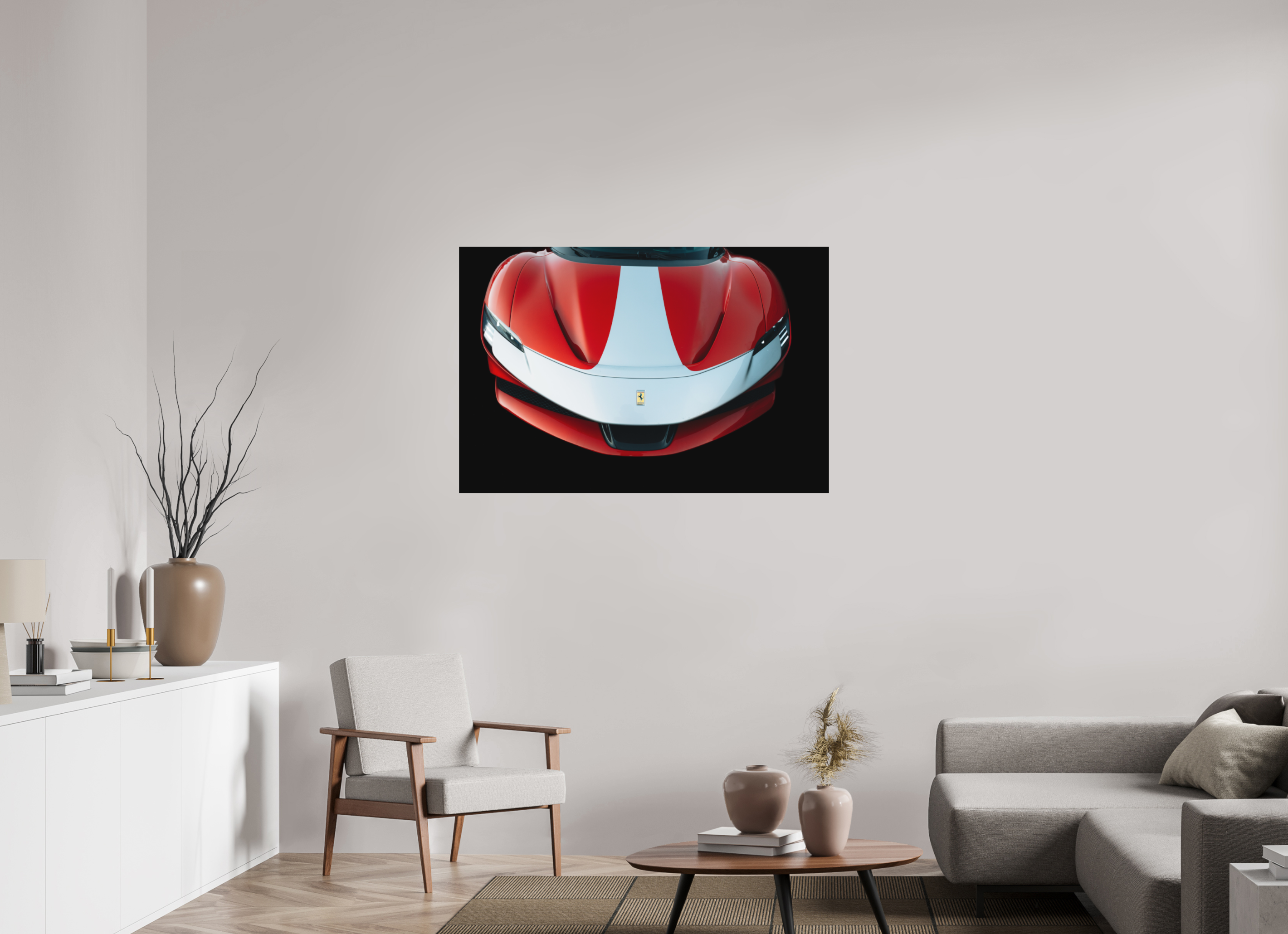 120 x 80 cm, Tirage Fine Art (Papier Mat) Ferrari SF90 Rouge et Blanche – Focus Avant