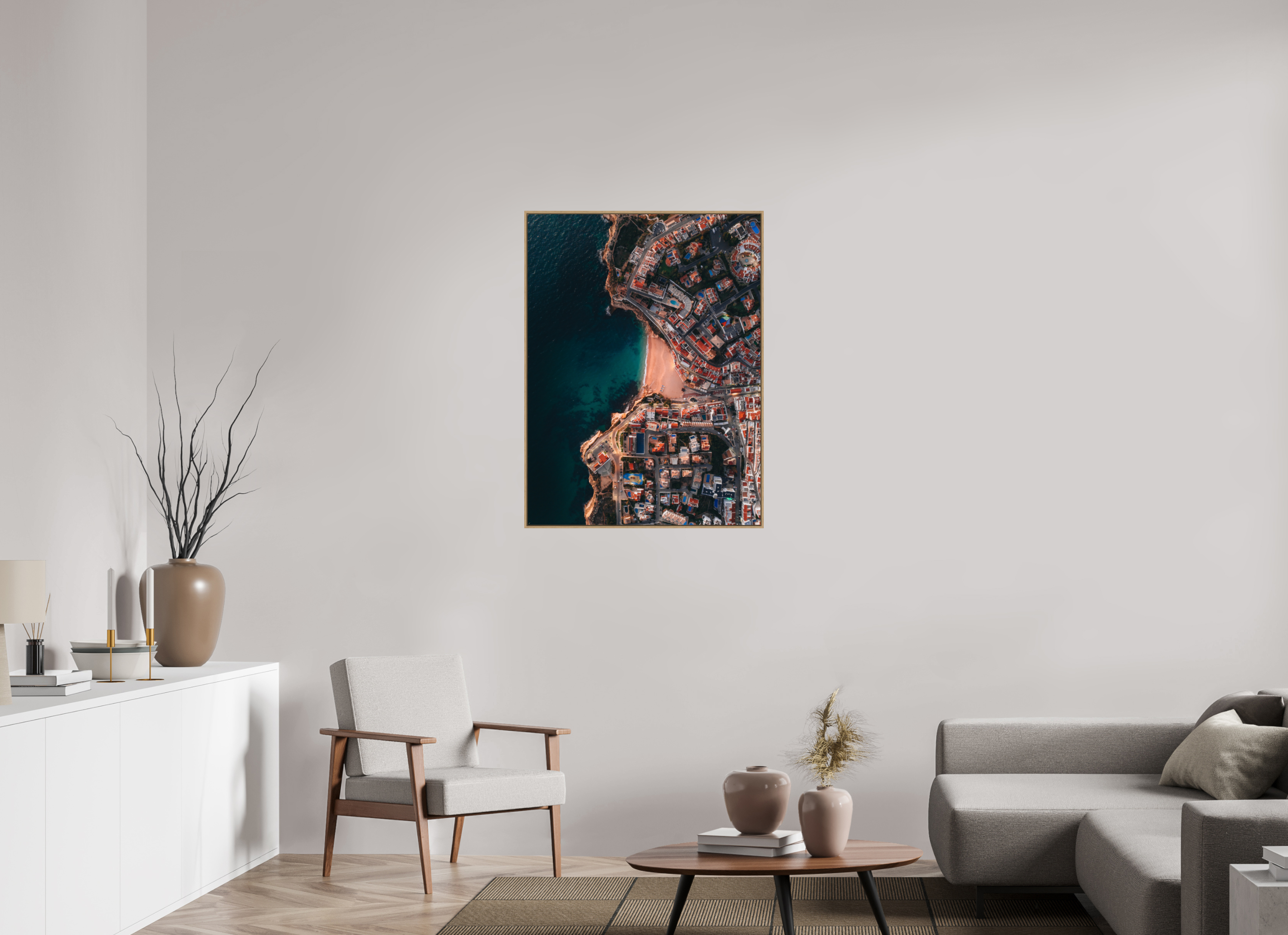 75 x 100 cm, Tirage sous Plexiglas encadré Albufeira au Crépuscule – Vue Aérienne