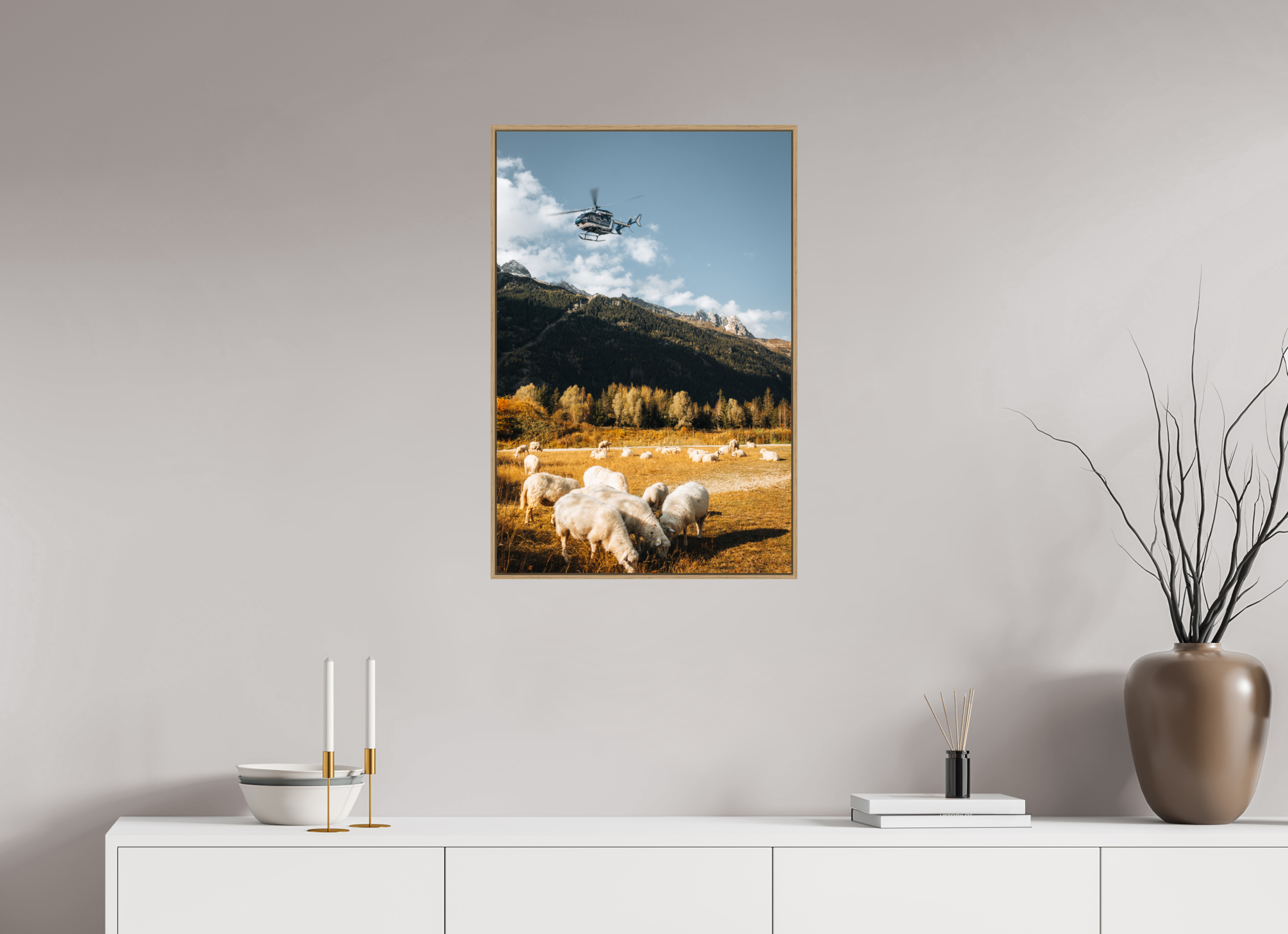 50 x 75 cm, Tirage sous Plexiglas encadré Moutons au coucher de soleil et intervention aérienne