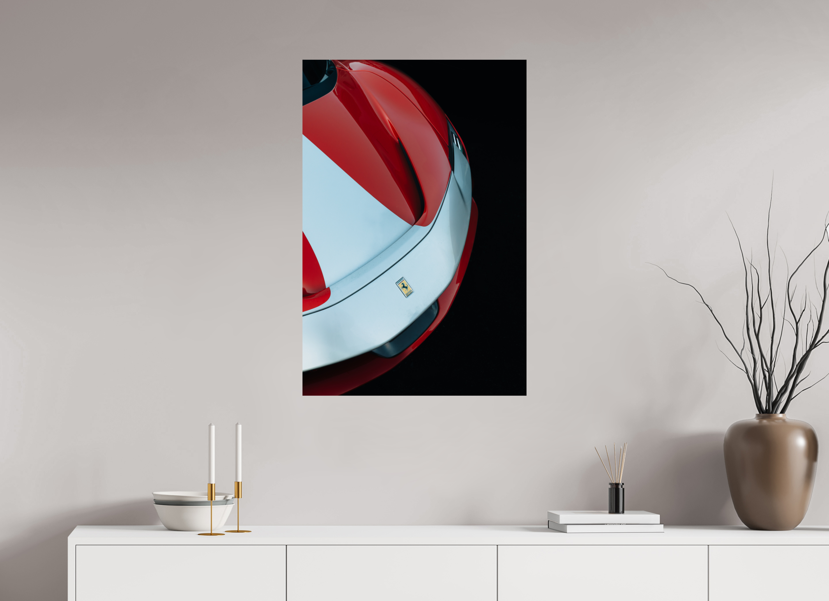 60 x 90 cm, Tirage Fine Art Premium Ferrari SF90 Rouge et Blanche – Vue Avant Gauche