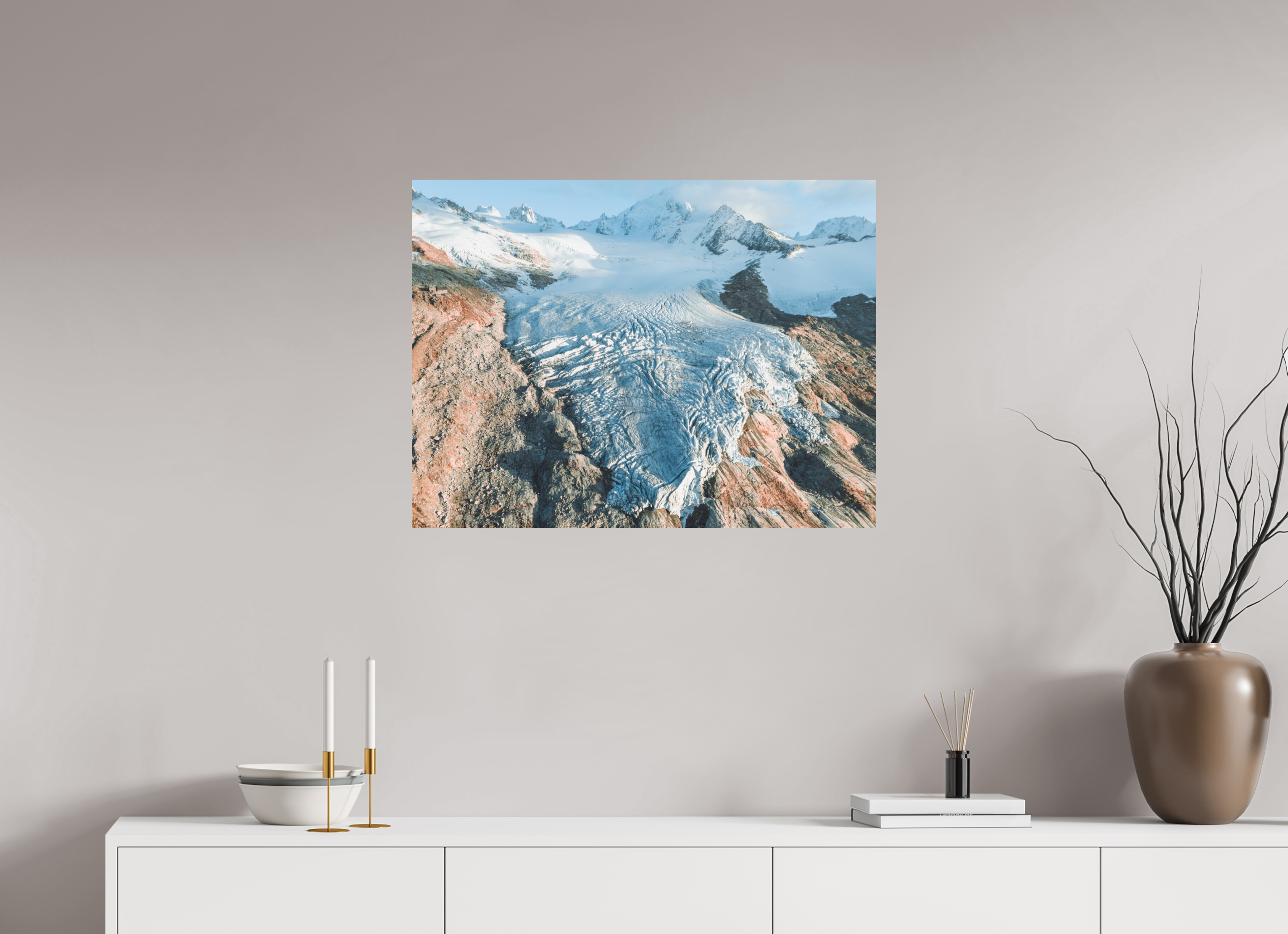 80 x 60 cm, Tirage Fine Art Premium + Glacier du Tour – Aube Dorée depuis le Ciel