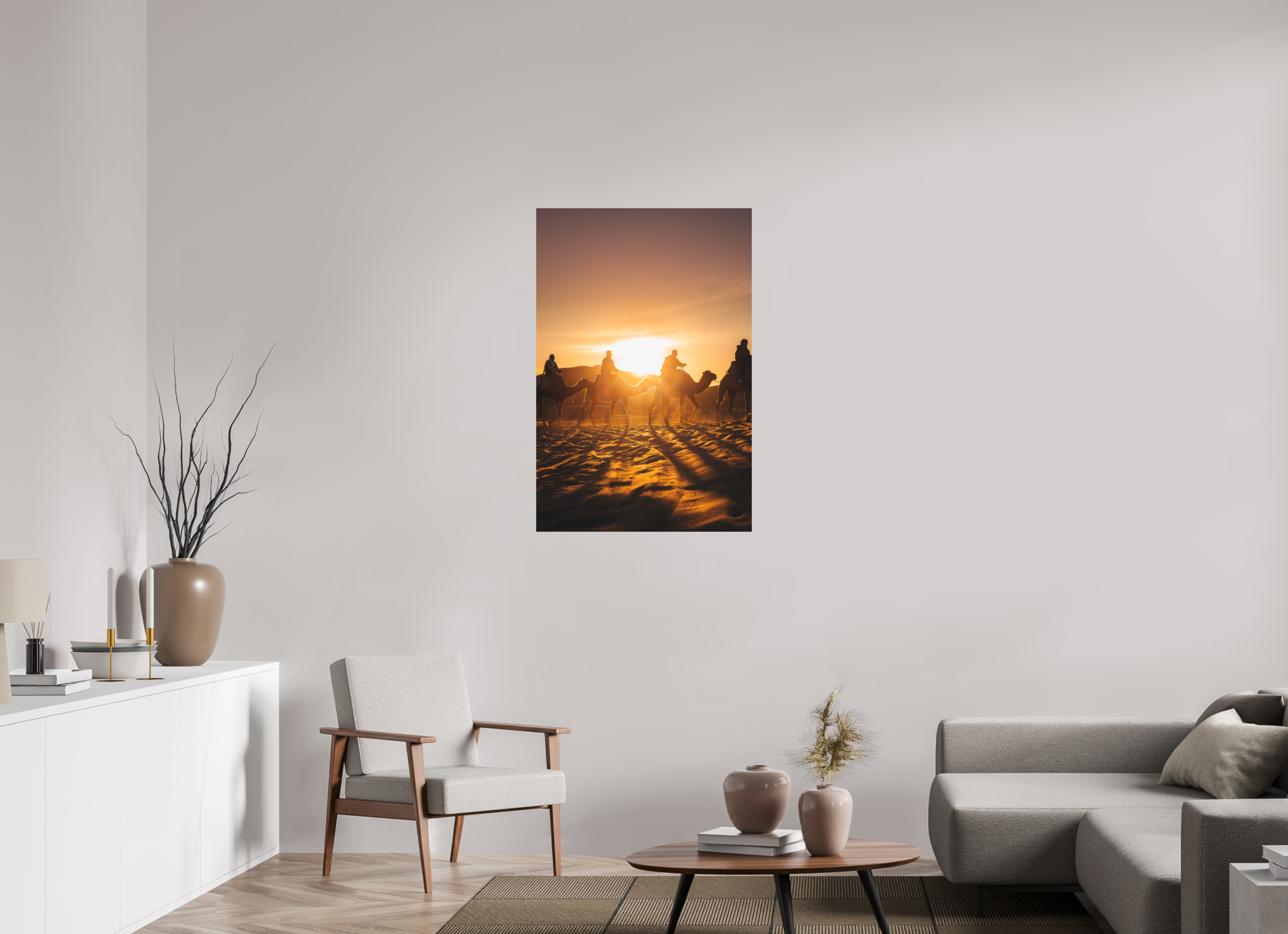 70 x 105 cm, Tirage Fine Art (Papier Mat) Silhouettes dans le soleil levant – Sahara