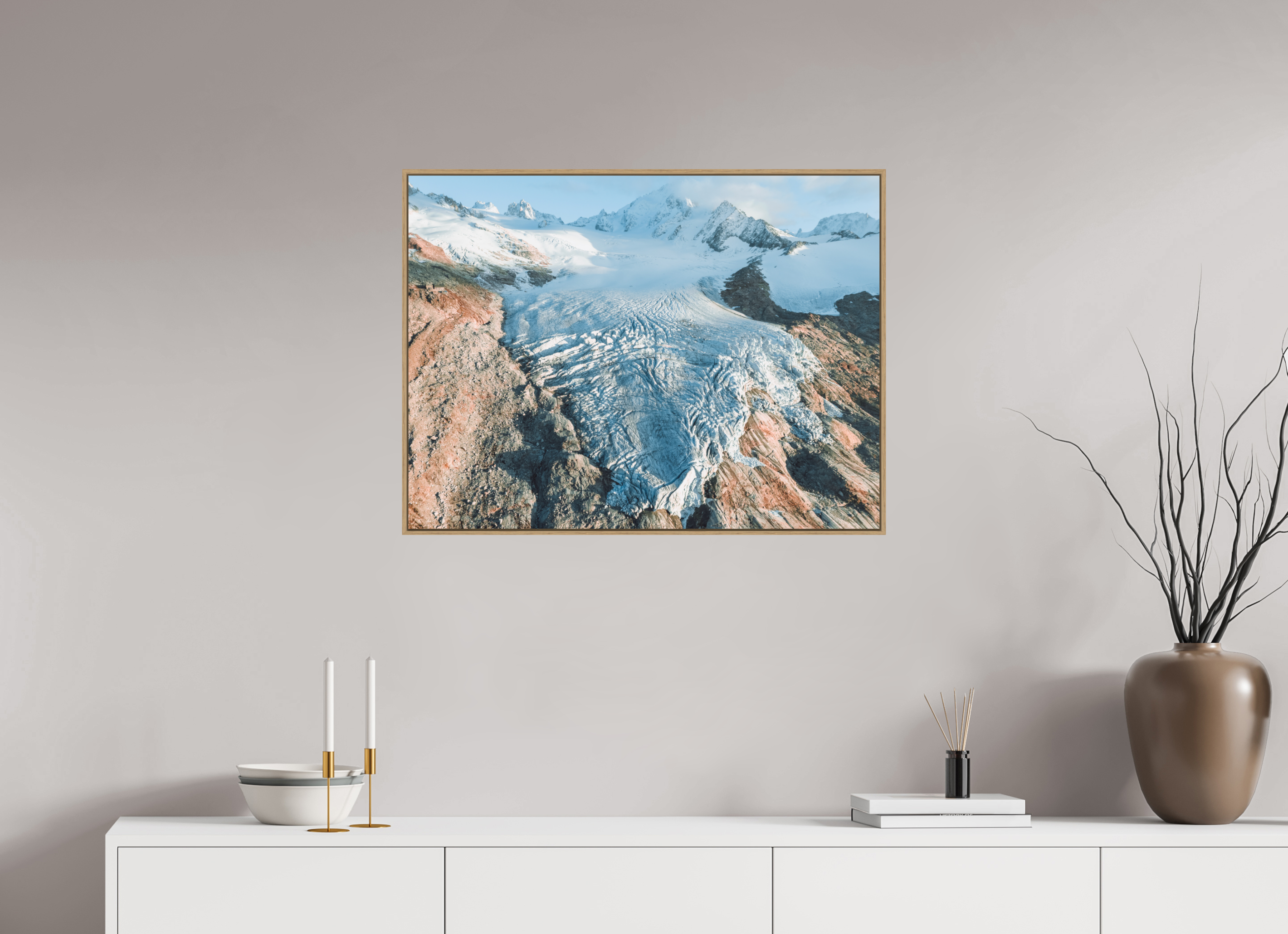 80 x 60 cm, Tirage sous Plexiglas encadré Glacier du Tour – Aube Dorée depuis le Ciel