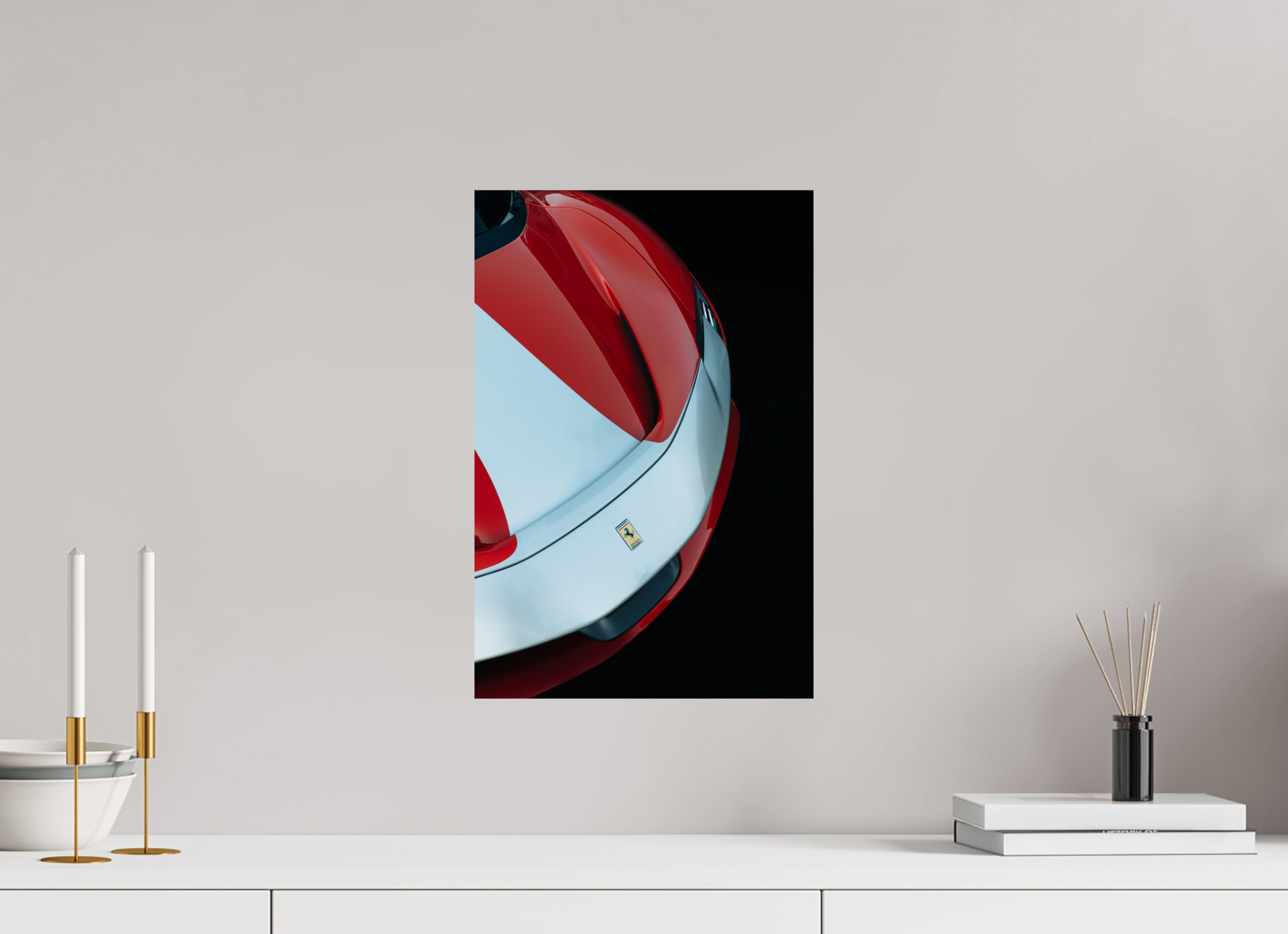 30 x 45 cm, Tirage Fine Art Premium Ferrari SF90 Rouge et Blanche – Vue Avant Gauche