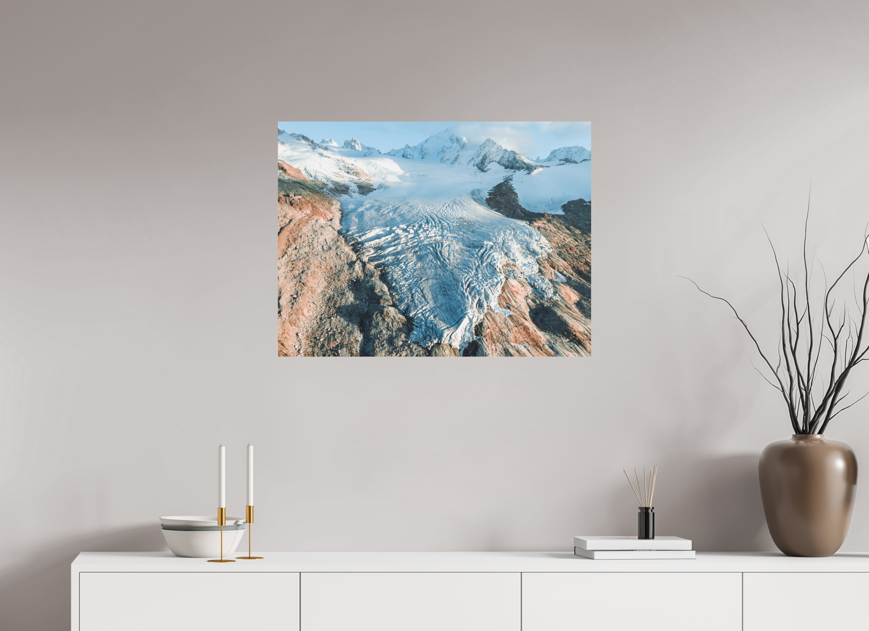 80 x 60 cm, Tirage Fine Art Premium Glacier du Tour – Aube Dorée depuis le Ciel