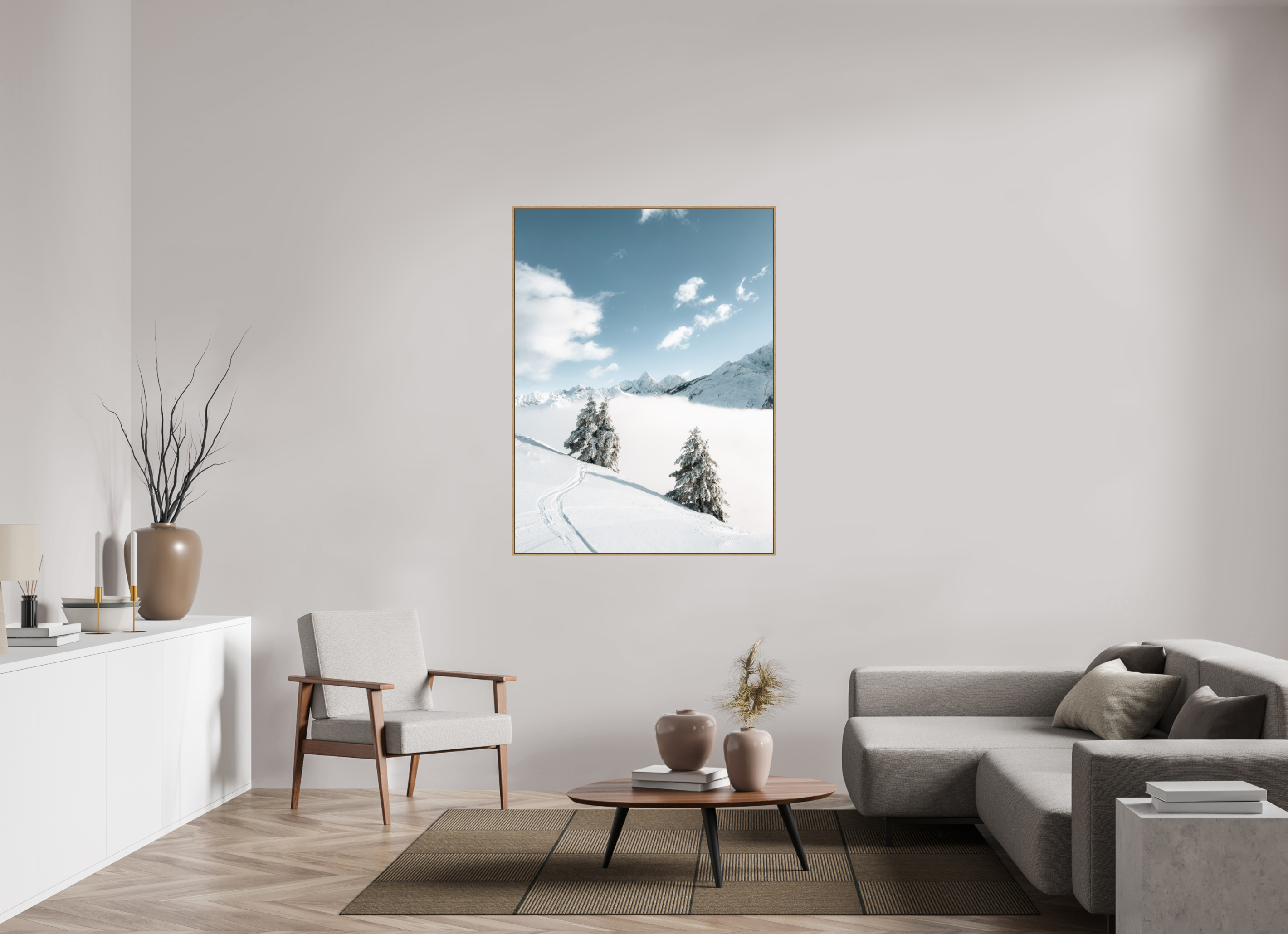 105 x 140 cm, Tirage sous Plexiglas encadré Traces dans la poudre – Hiver en montagne