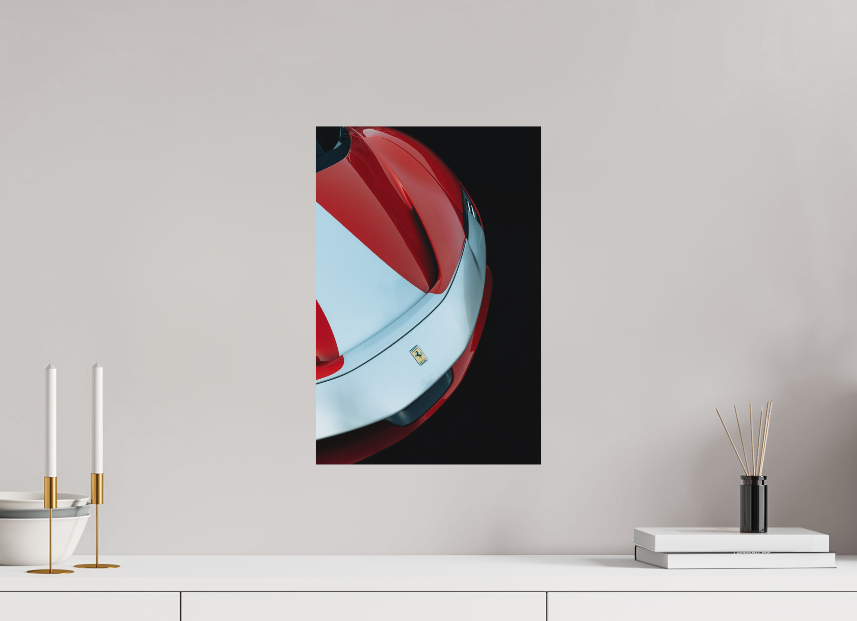 30 x 45 cm, Tirage Fine Art (Papier Mat) Ferrari SF90 Rouge et Blanche – Vue Avant Gauche